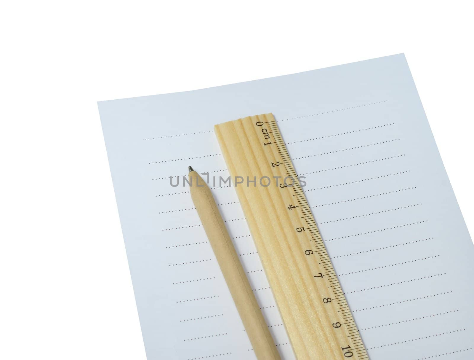 pen, wooden ruler and paper  isolated on white