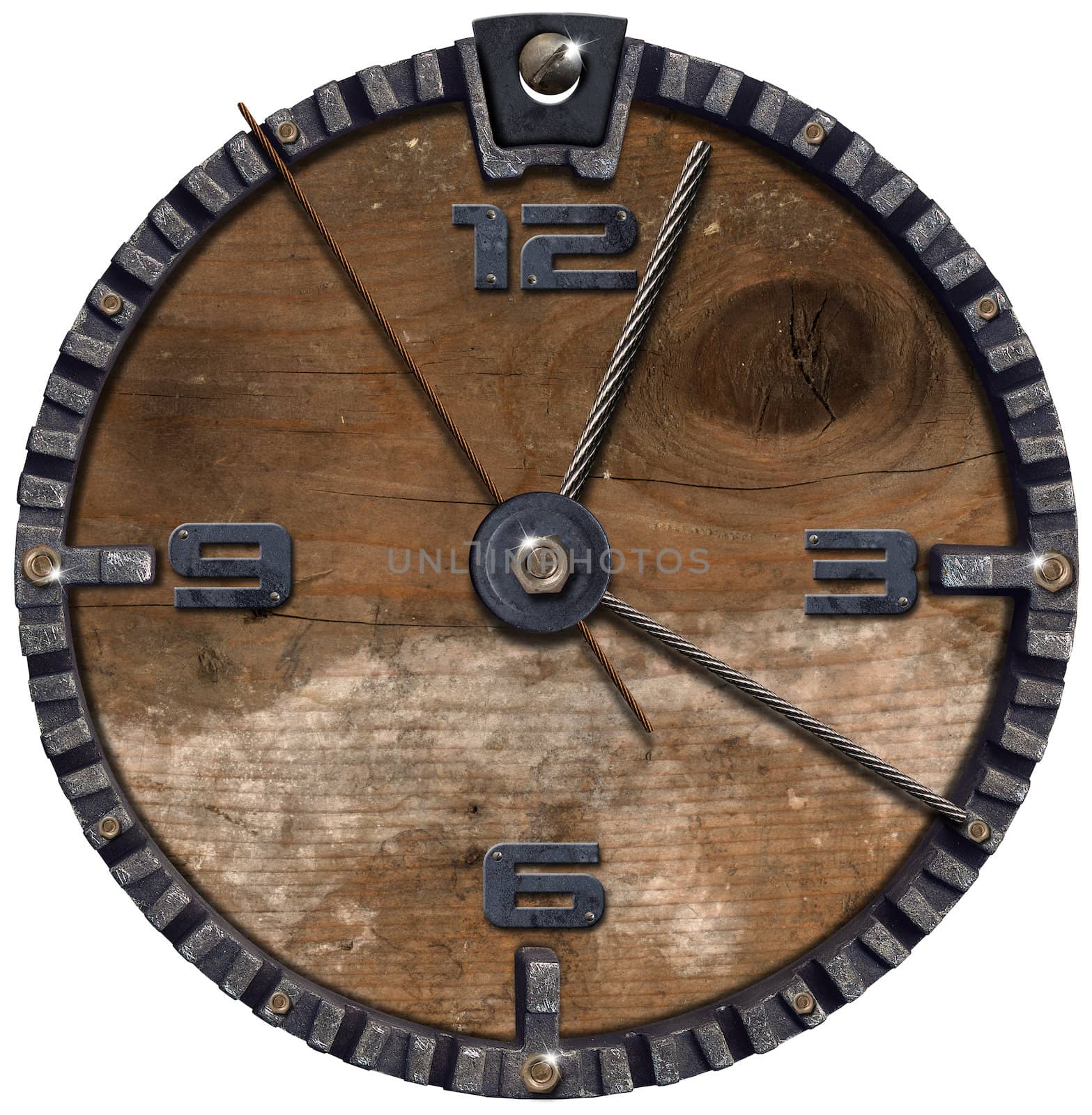 Old grunge clock on white background with metal cable
