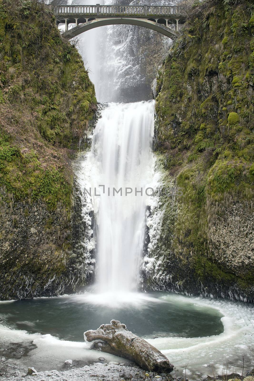 Historic Bridge Over Multnomah Falls in Columbia River Gorge National Scenic Forest Oregon in Winter