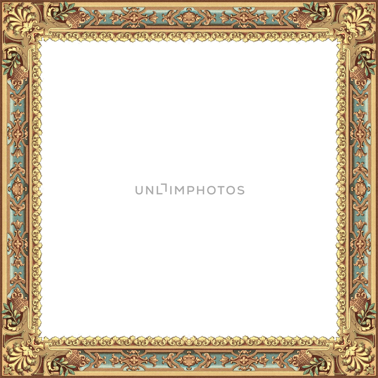 ancient frame with gold and blue models isolated on white background