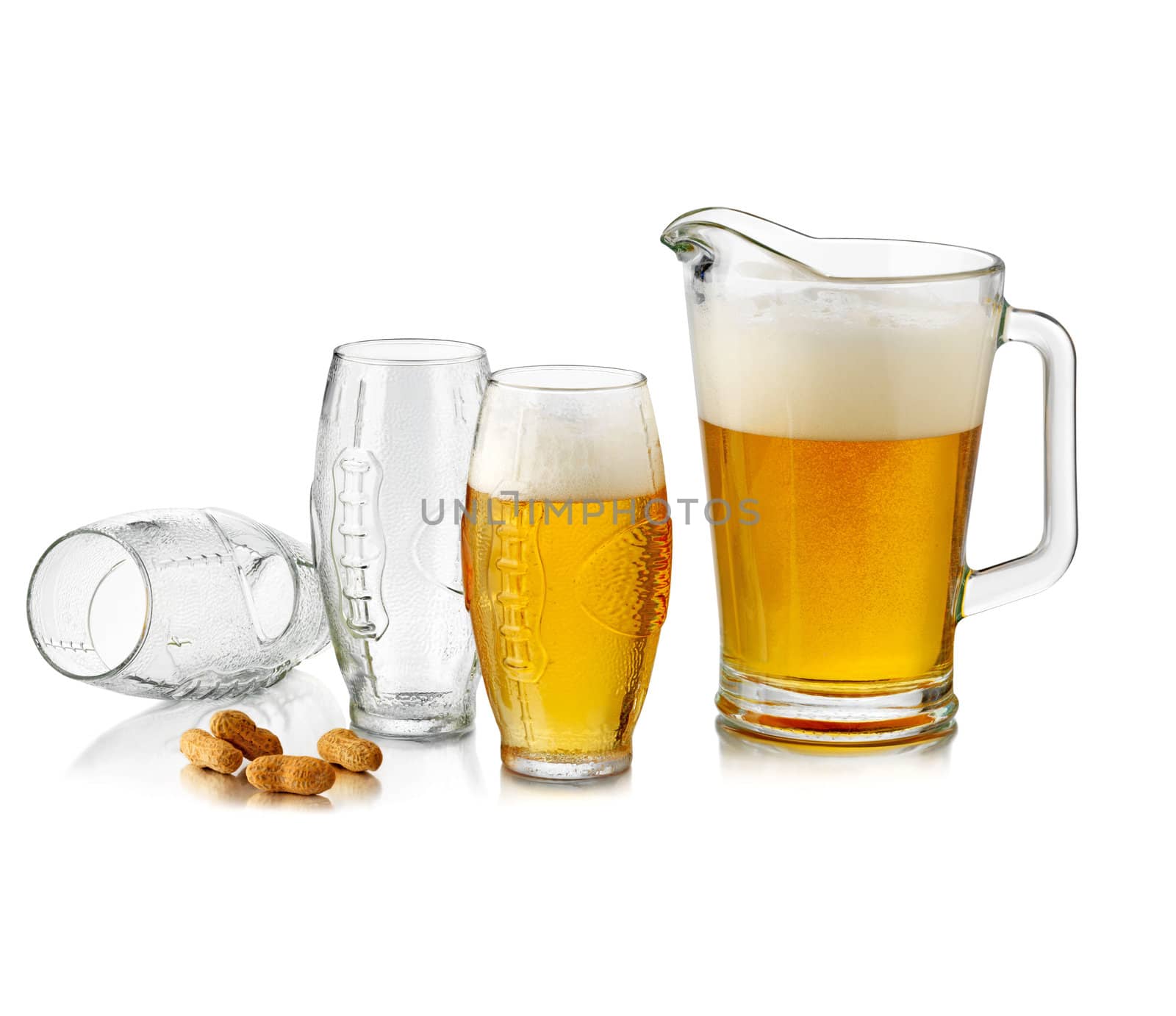 glasses of cool beer and peanuts isolated on white background