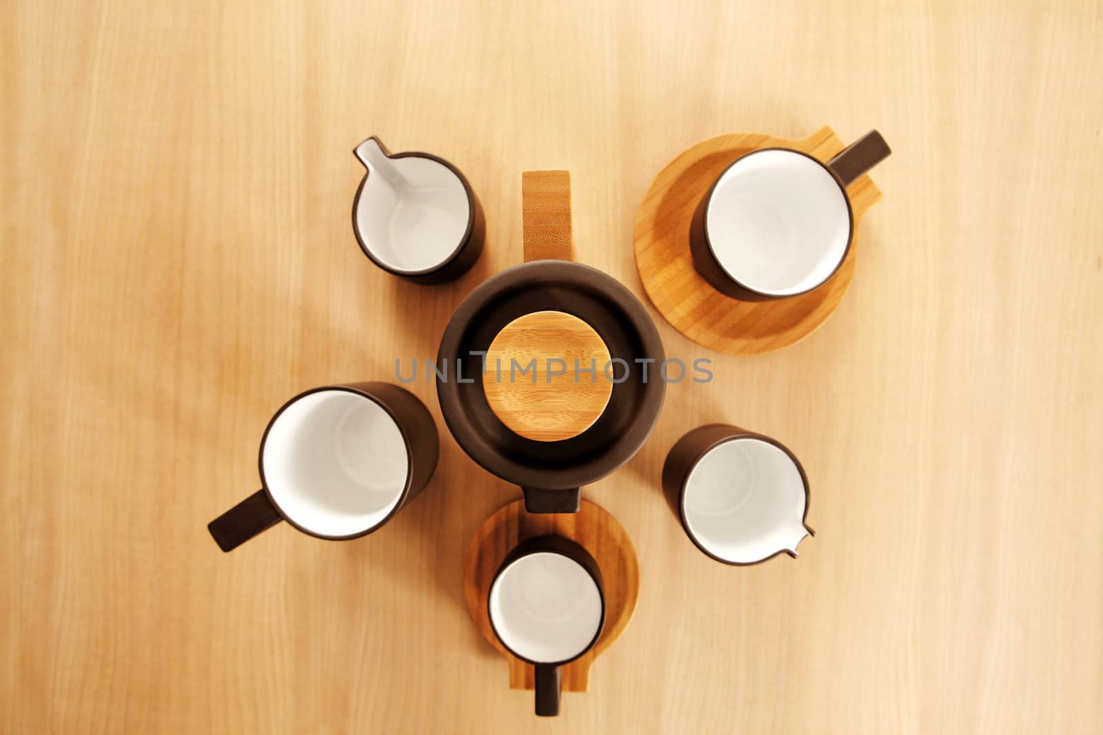 brown coffee cups on a wood table. Concept of coffee style