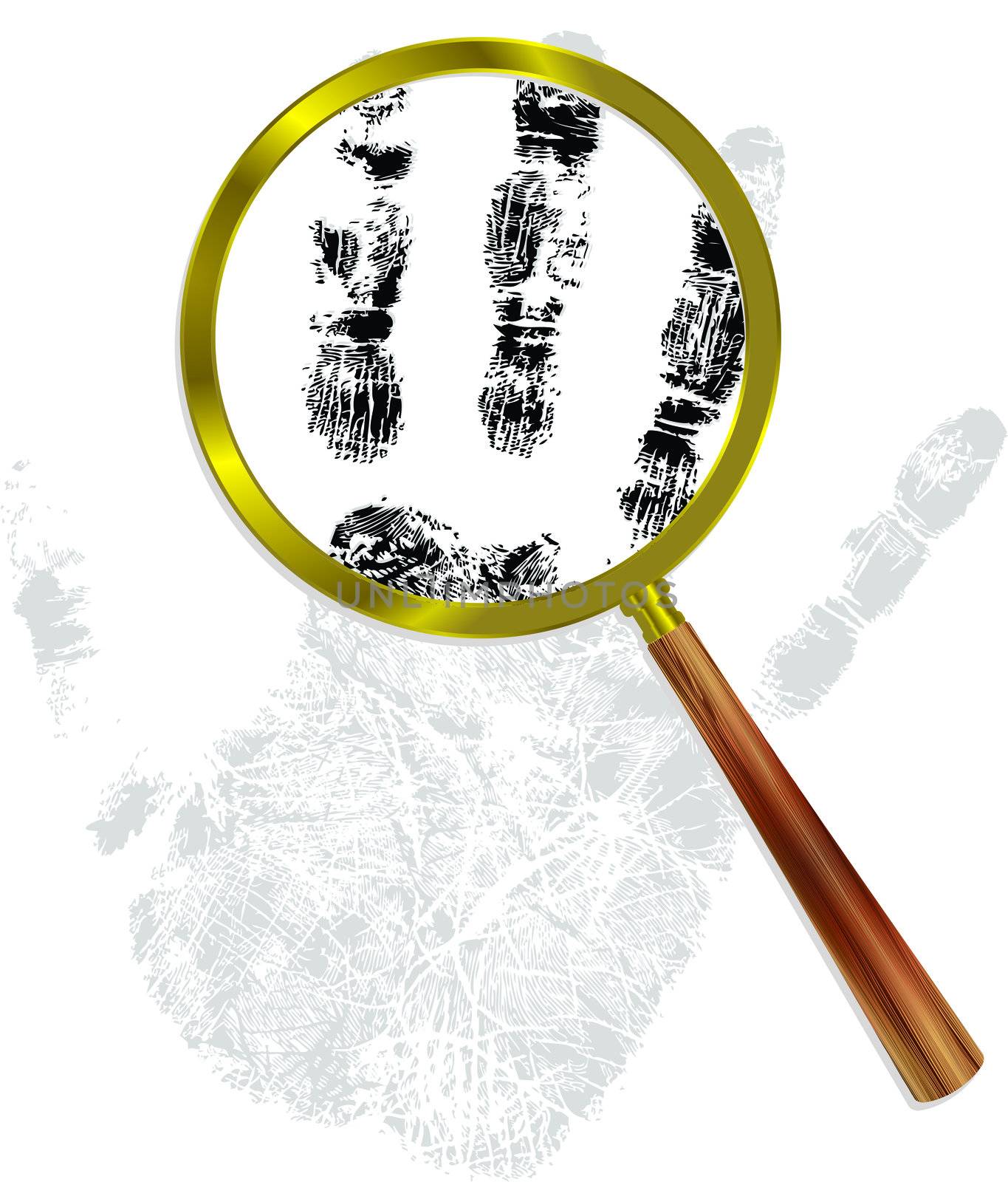 fingerprint through gold magnifying glass. detective concept