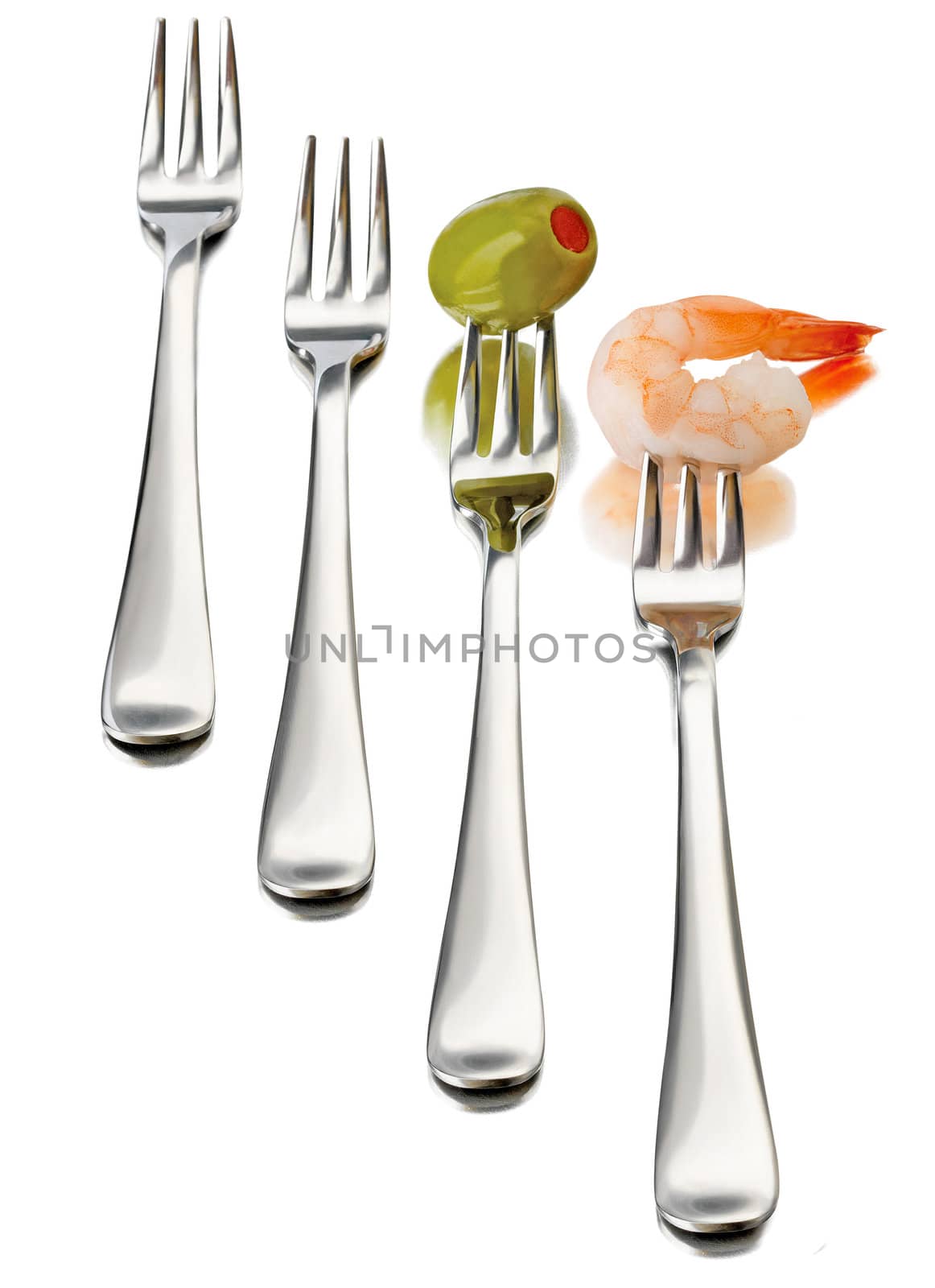 diet concept. four forks with olive on white background