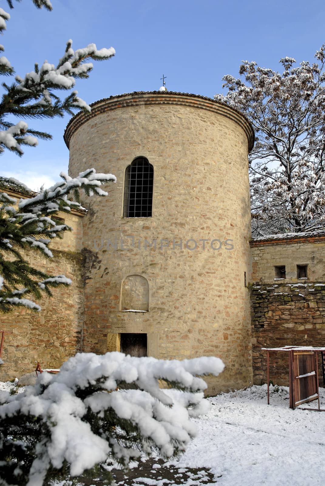 monastery tower winter by mereutaandrei