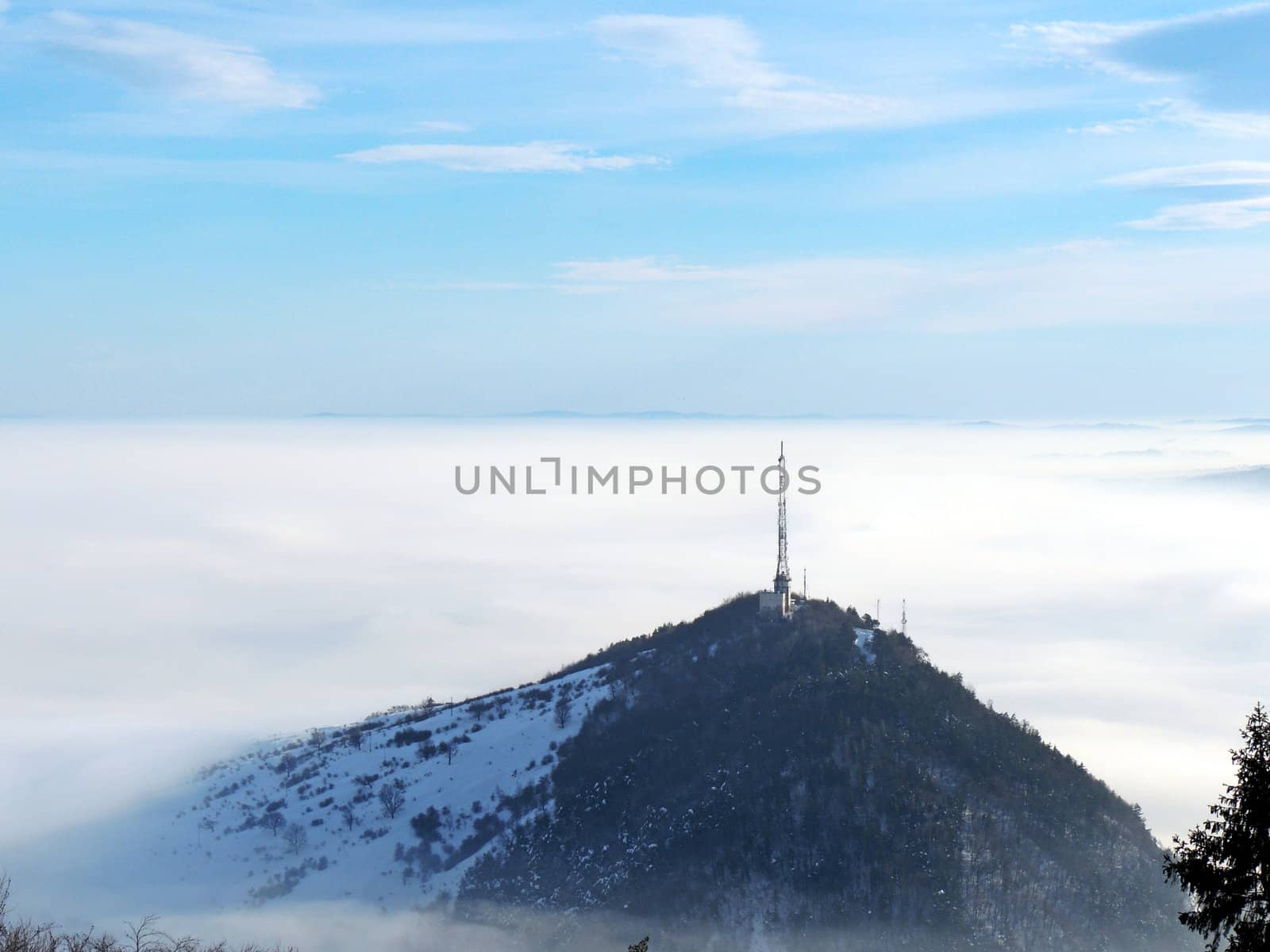 mountain in fog