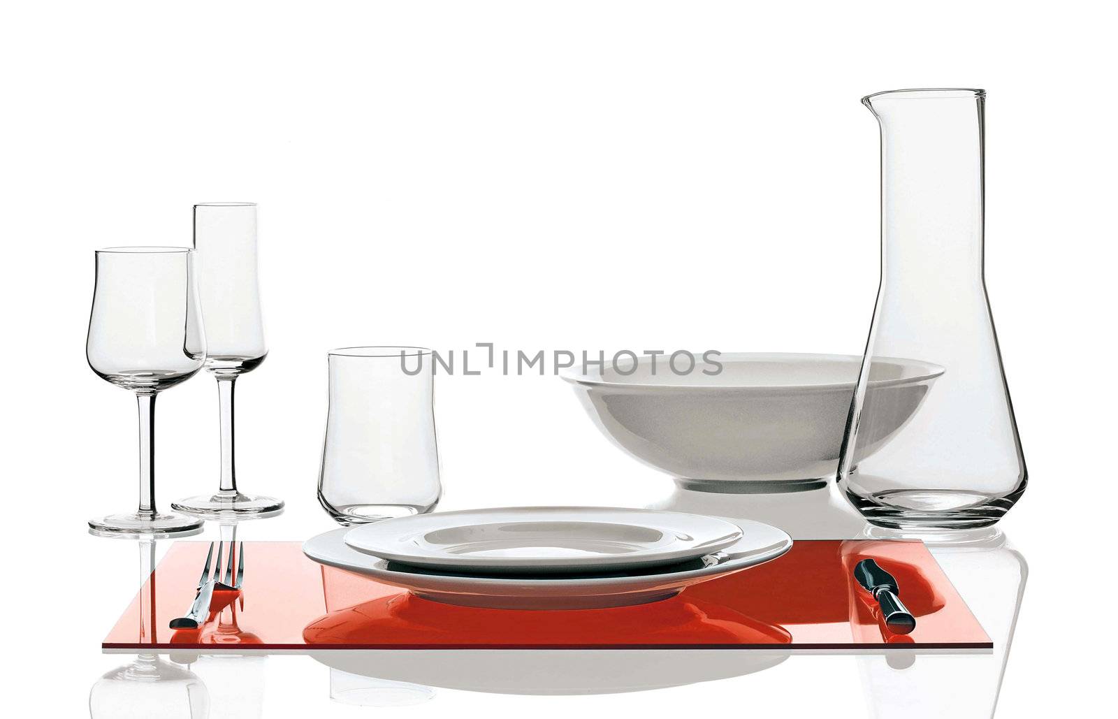 empty bowls, plates, cups and glasses on white  background 