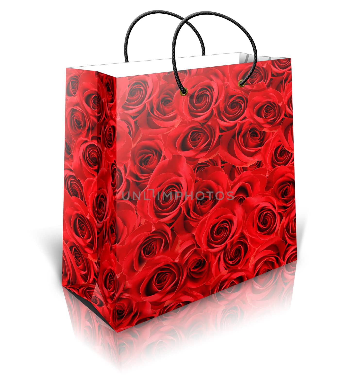 3D gift bag with red roses on white background