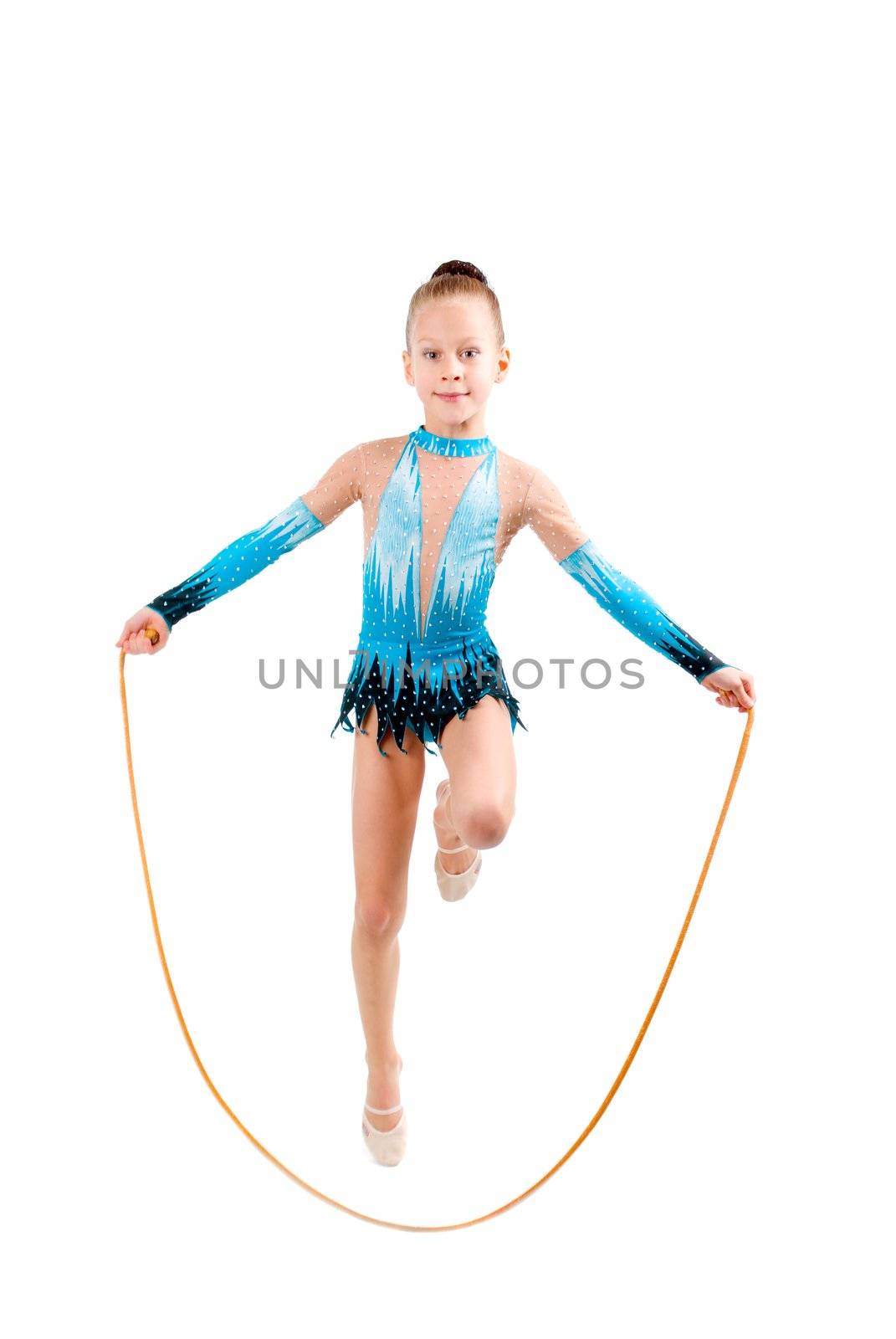  young girl doing gymnastics over white 