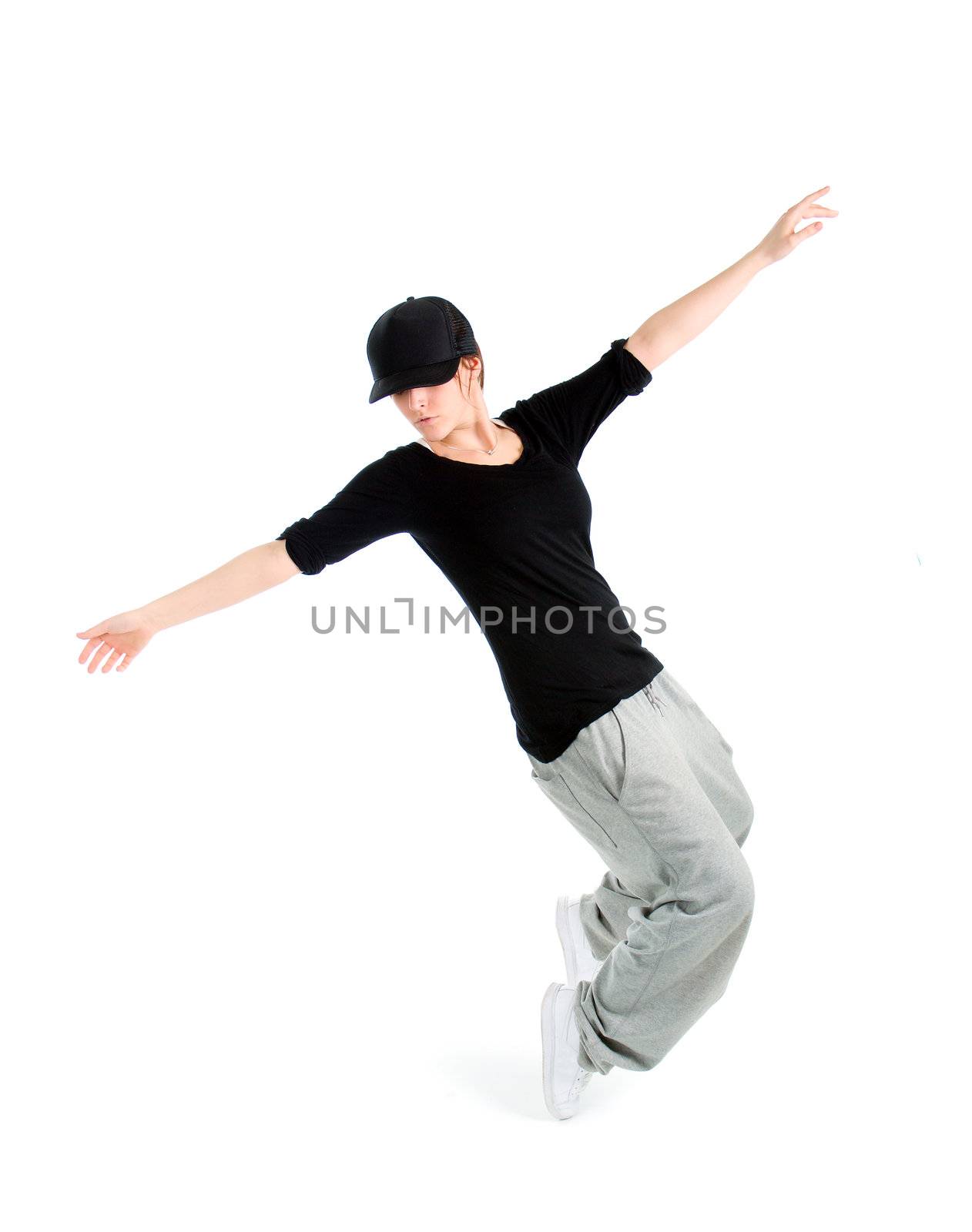 cool looking dancer posing on white background