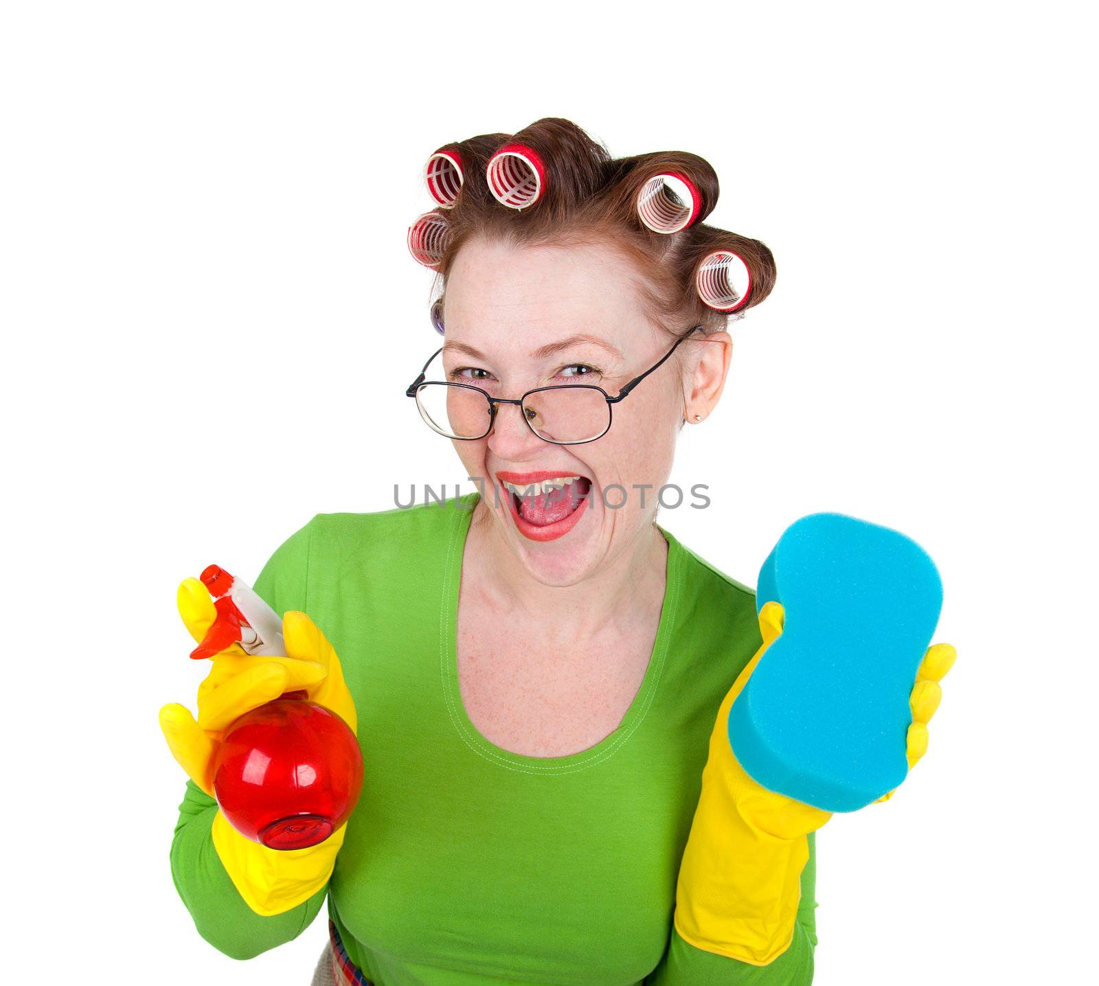 cute woman maid cleaner with sponge and spray.Isolated on white background
