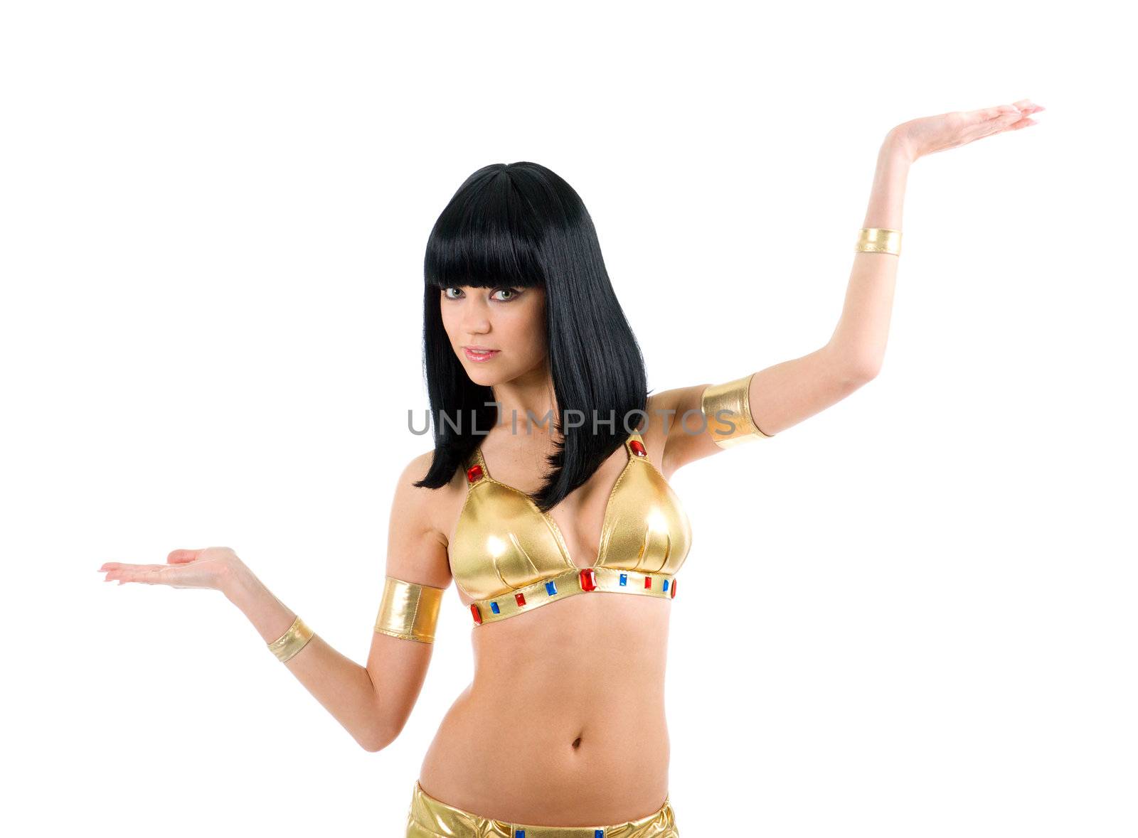 Bellydance woman in yellow egypt style. Isolated on white backgroun