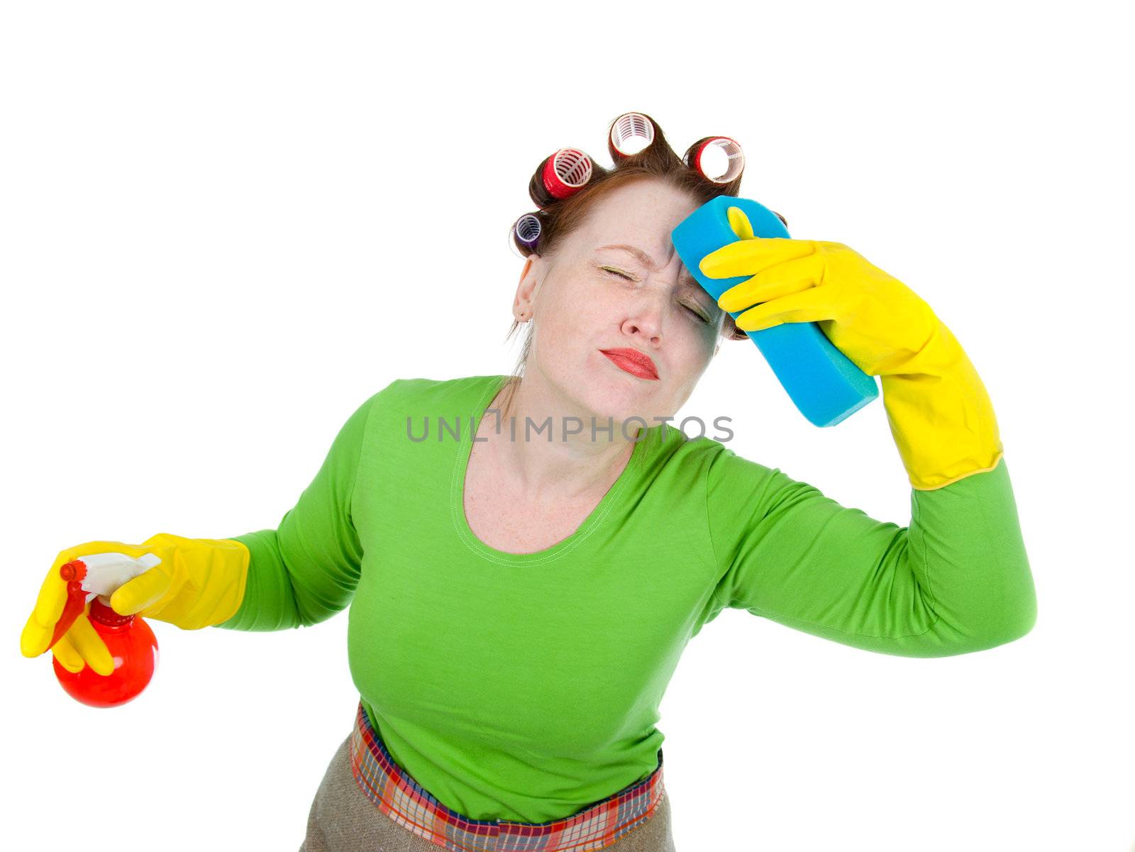 cute woman maid cleaner with sponge and spray.Isolated on white background 