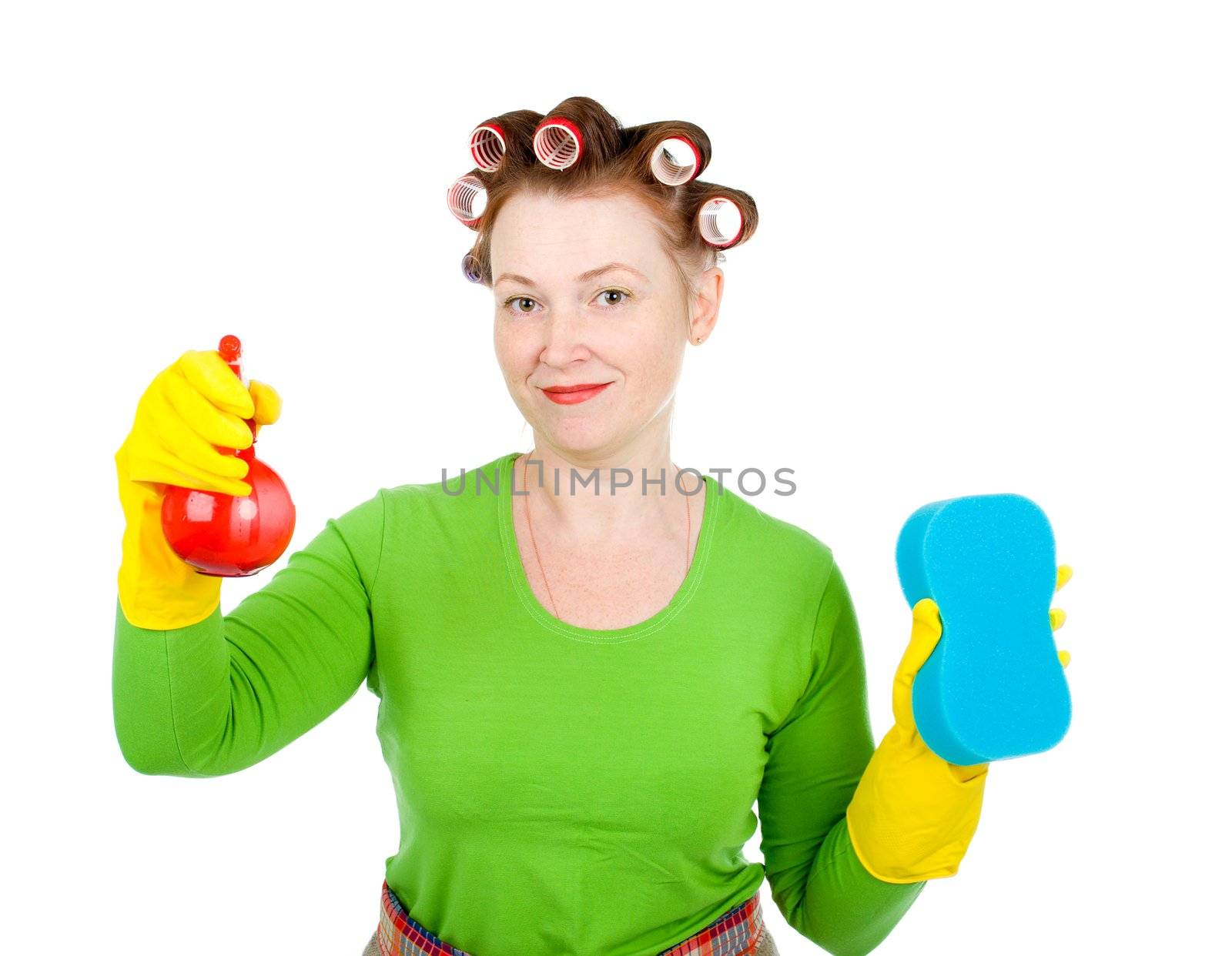 housewife maid cleaner with sponge and spray.Isolated on white background 