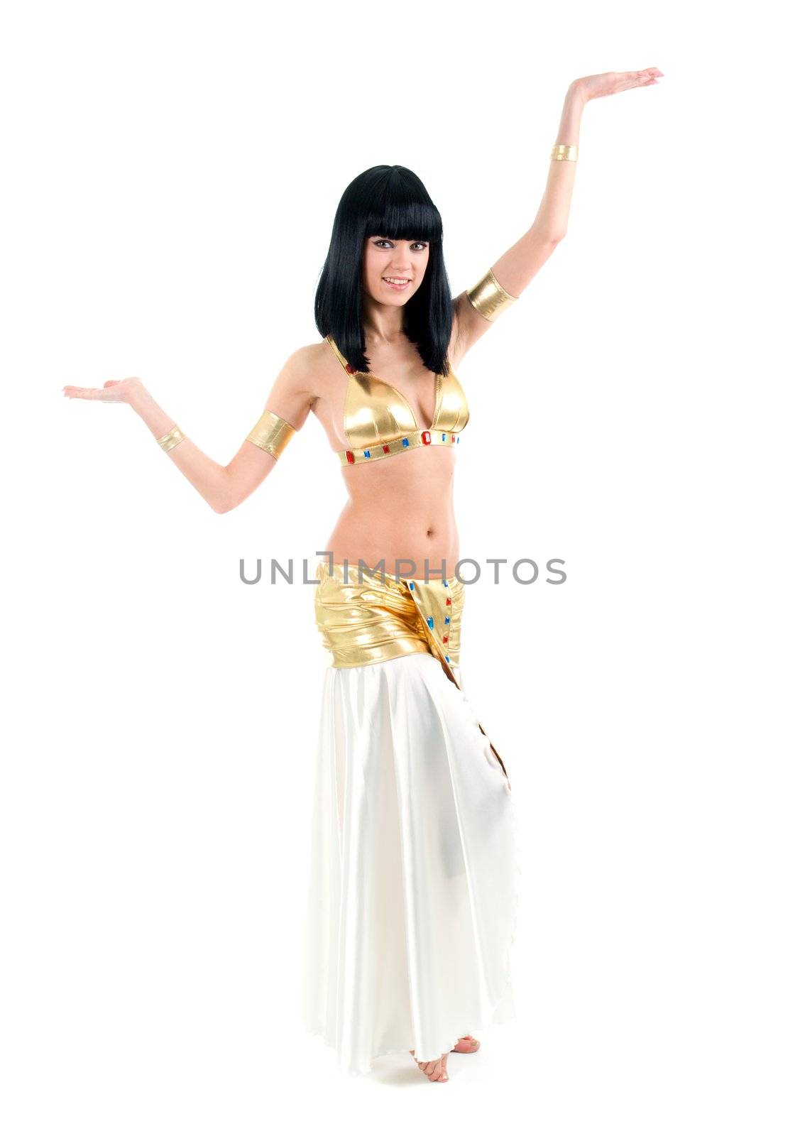 Bellydance woman in yellow egypt style. Isolated on white backgroun