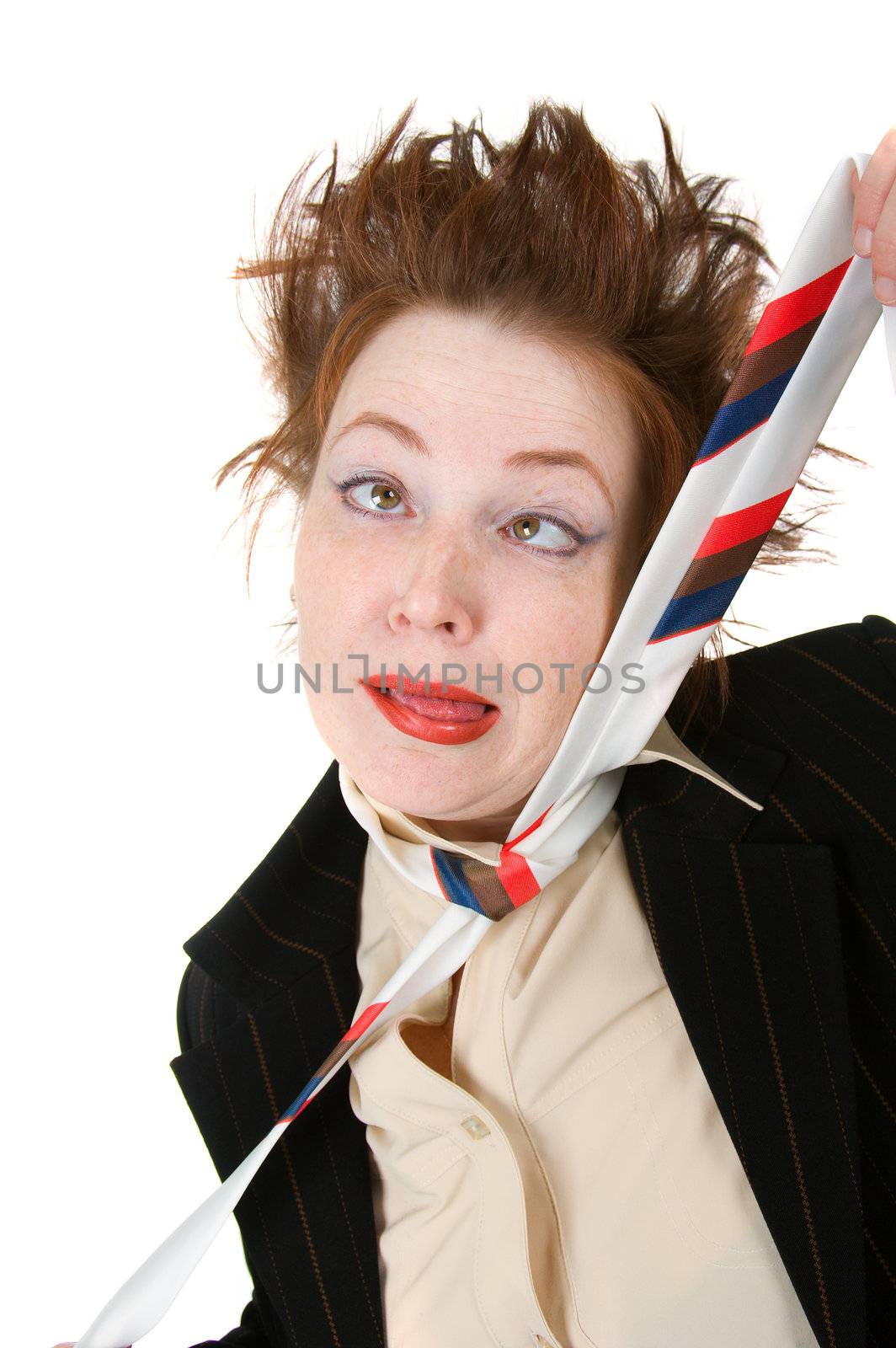 Depressed businesswoman strangle suicide self tie.isolated on a white background 