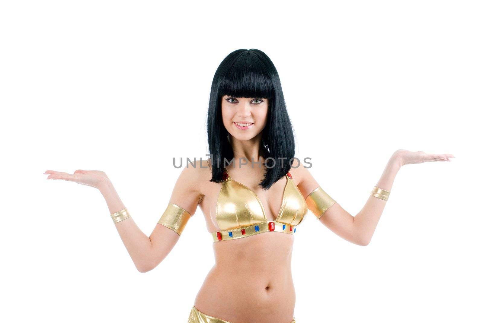 Bellydance woman in yellow egypt style. Isolated on white backgroun