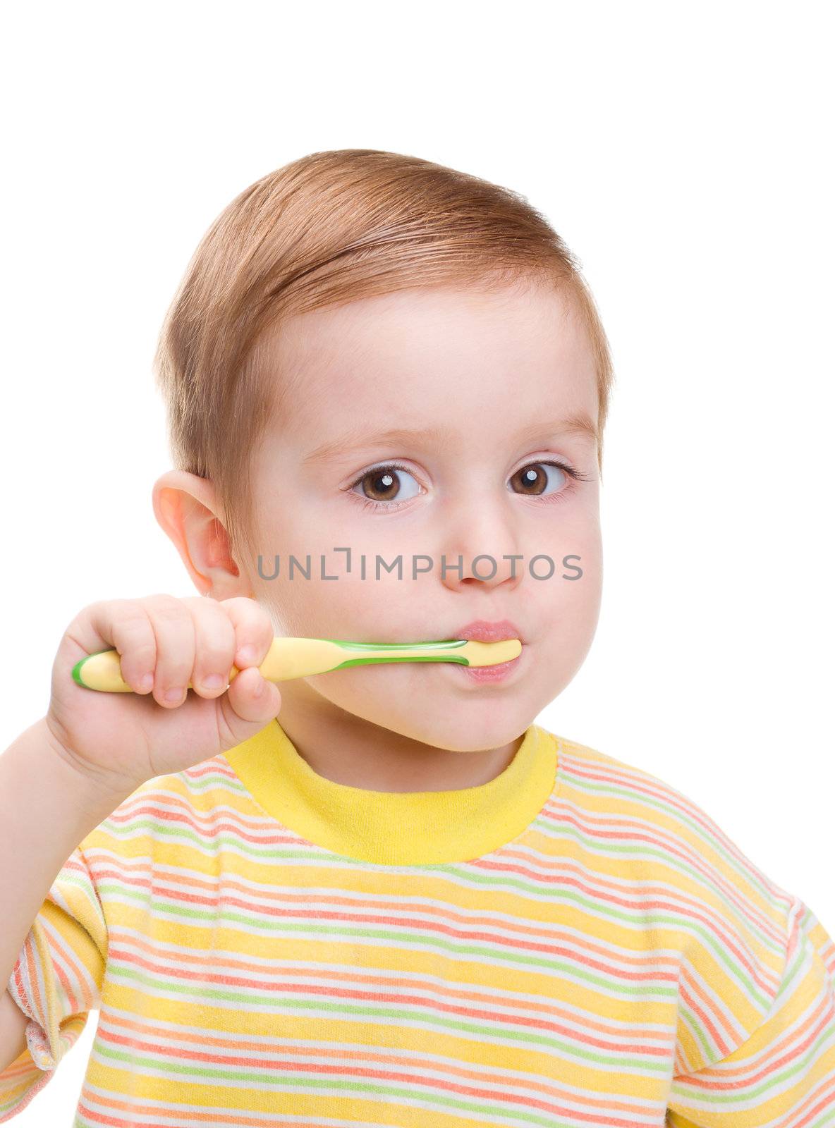 Little child with dental toothbrush brushing teeth.isolated on a white background.