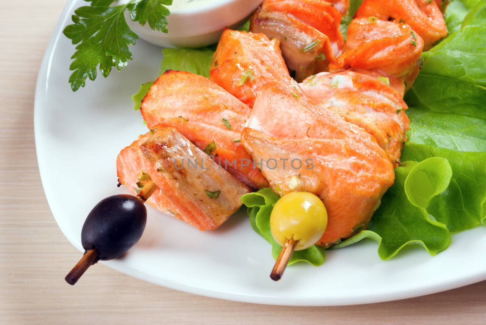 Shish Kebab from  Salmon  with Vegetables.Macro