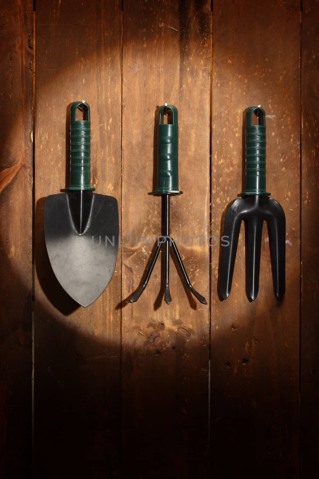 Set of gardening tools on wooden background and spot