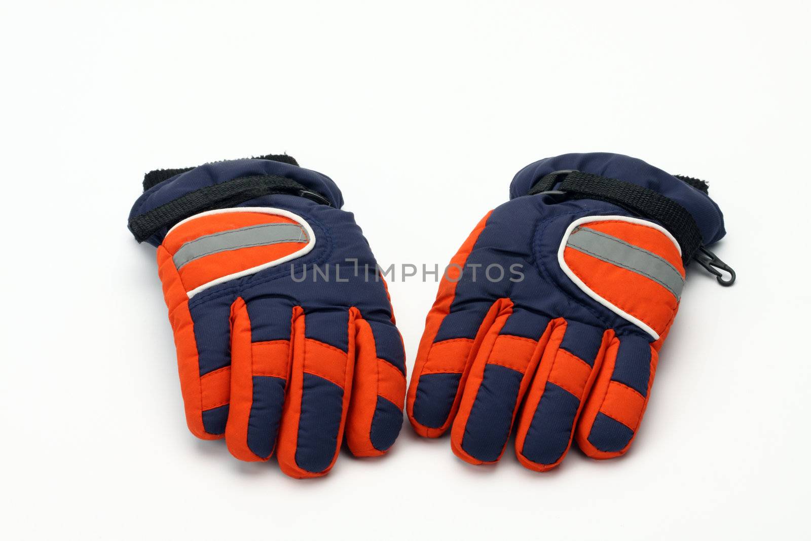 Pair of winter ski gloves on white
