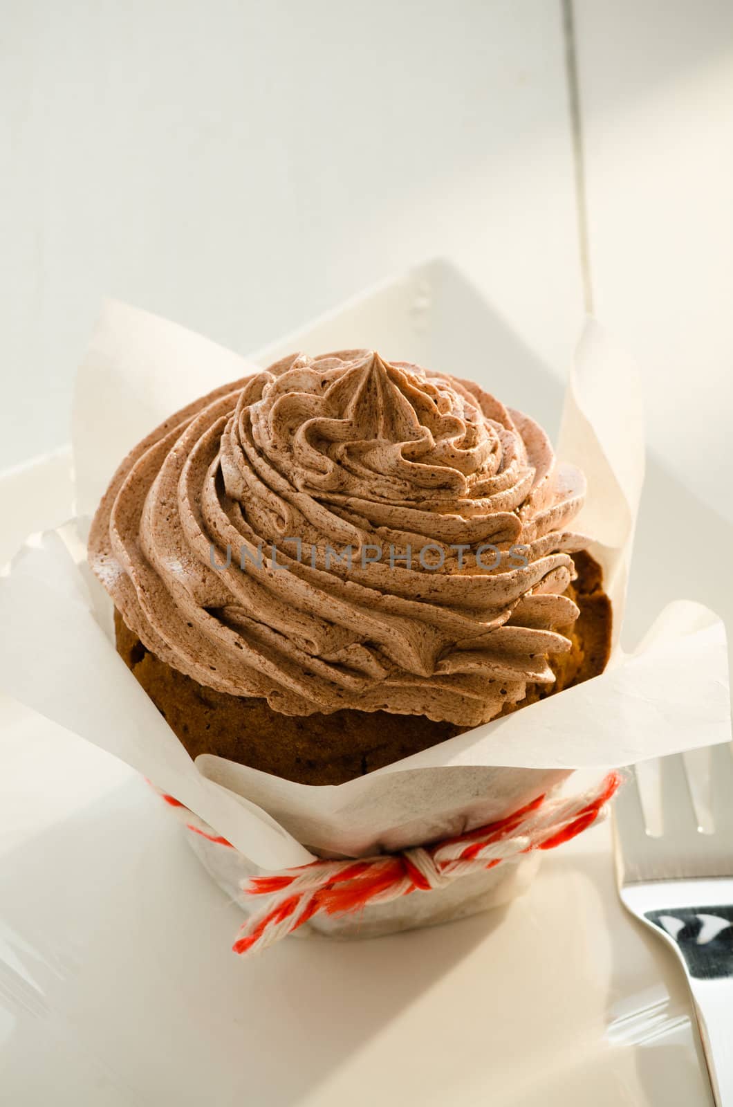 A chocolate cupcake on white plate and fork