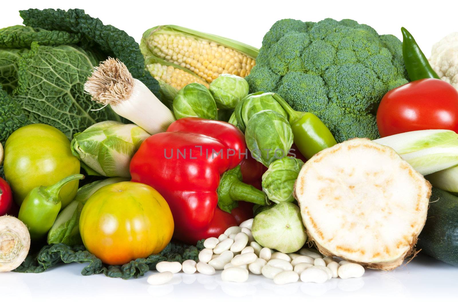 Fresh raw vegetables composition isolated on white. Close view