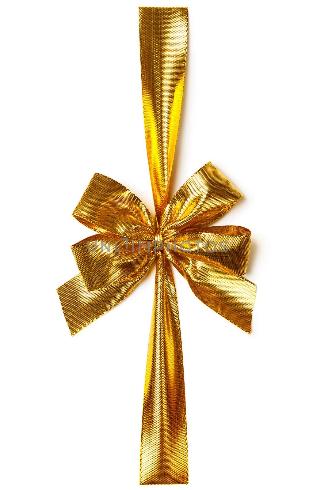 Golden ribbon with bow on white background. Top view