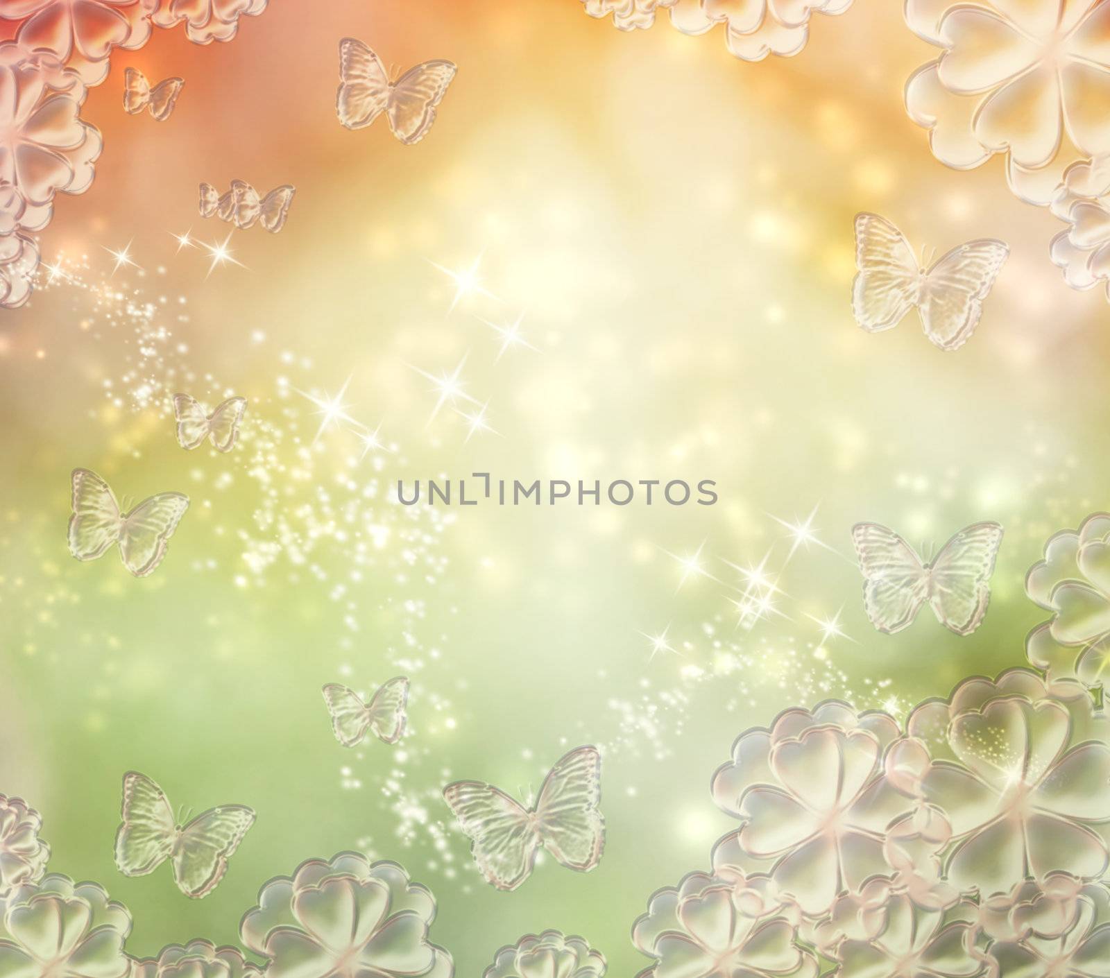 Bright butterfly orange and green pastel lights background 