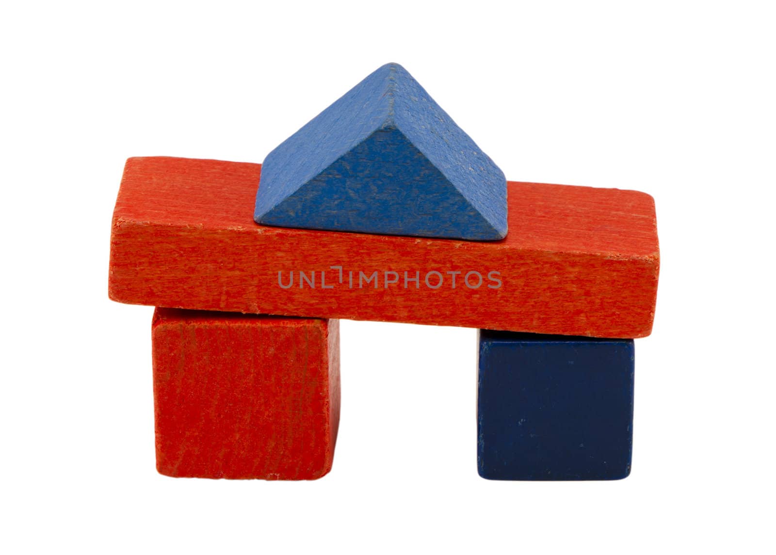 composition of red blue wooden retro vintage log toy brick constructions isolated on white background.