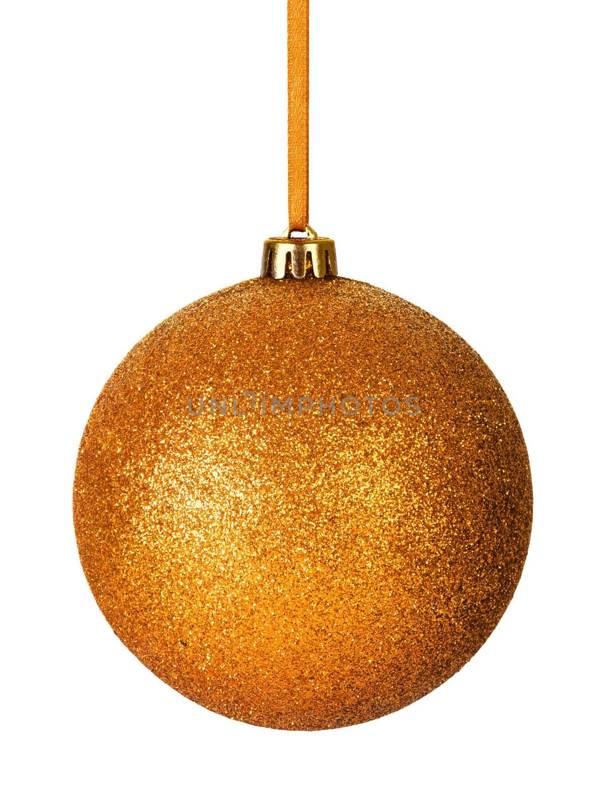 Gold christmas bauble with ribbon isolated on white background