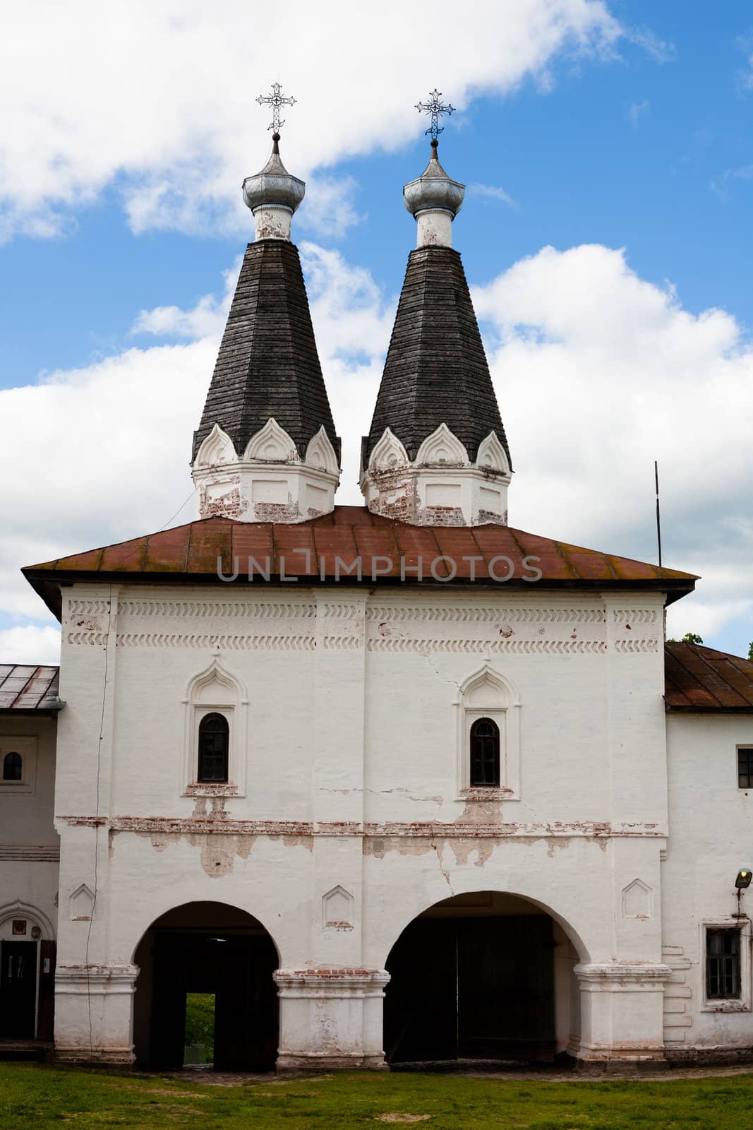 White orthodox church in Ferapontov monastery in summer day
