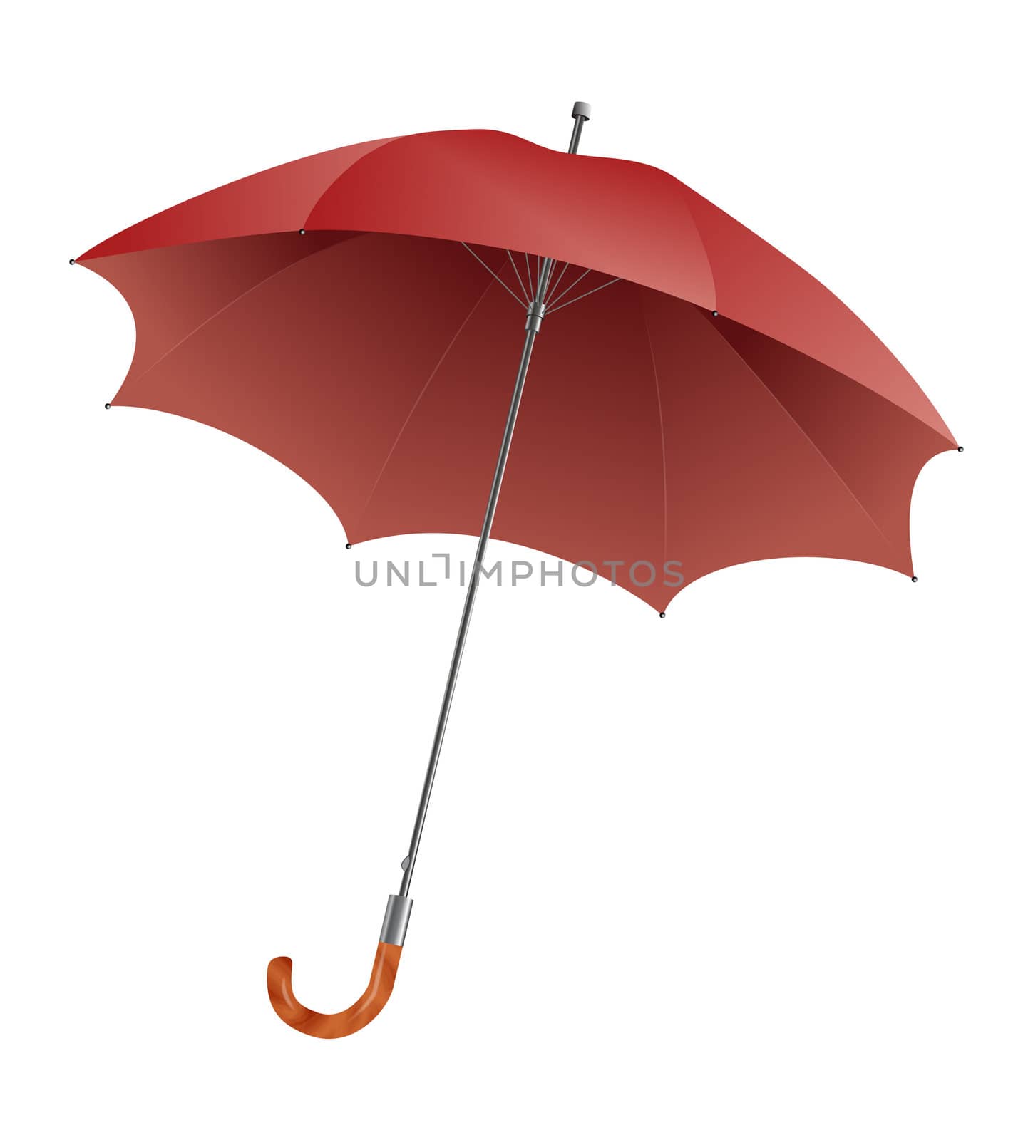 A red umbrella with wooden handle and metallic body