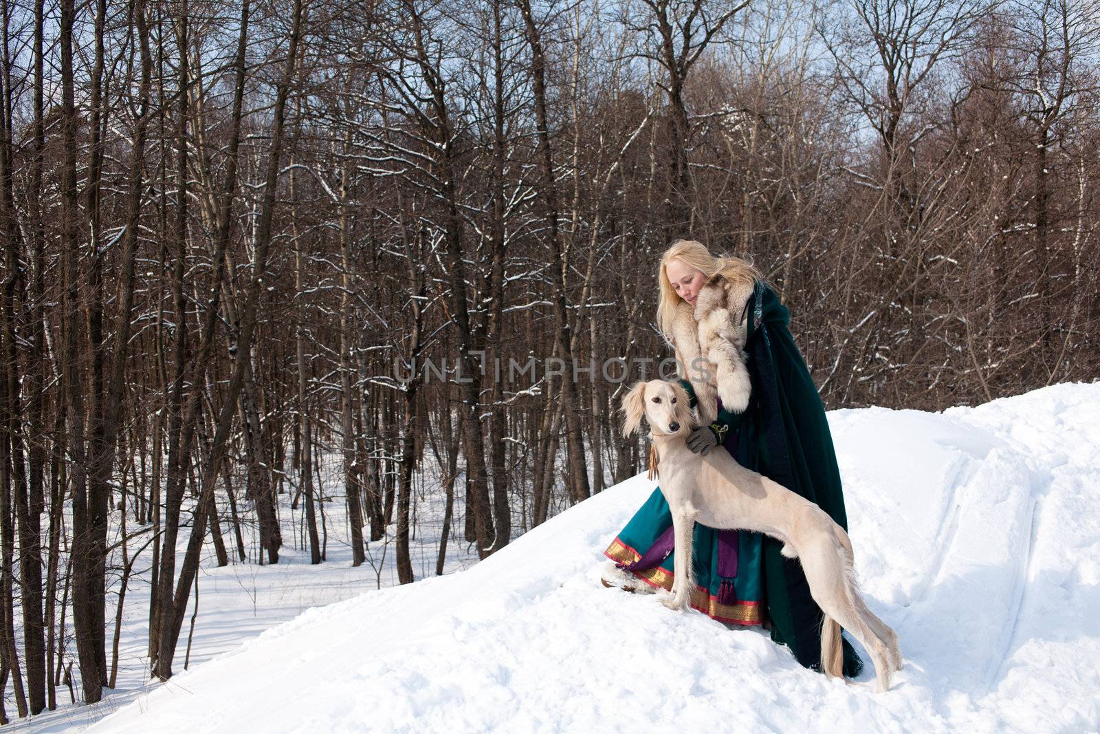 A blonde girl and a standing white saluki on snow
