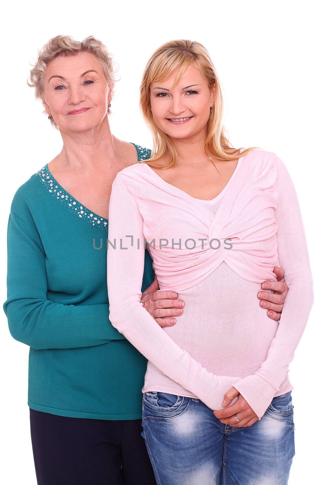 Happy elderly woman with granddaughter isolated on white background