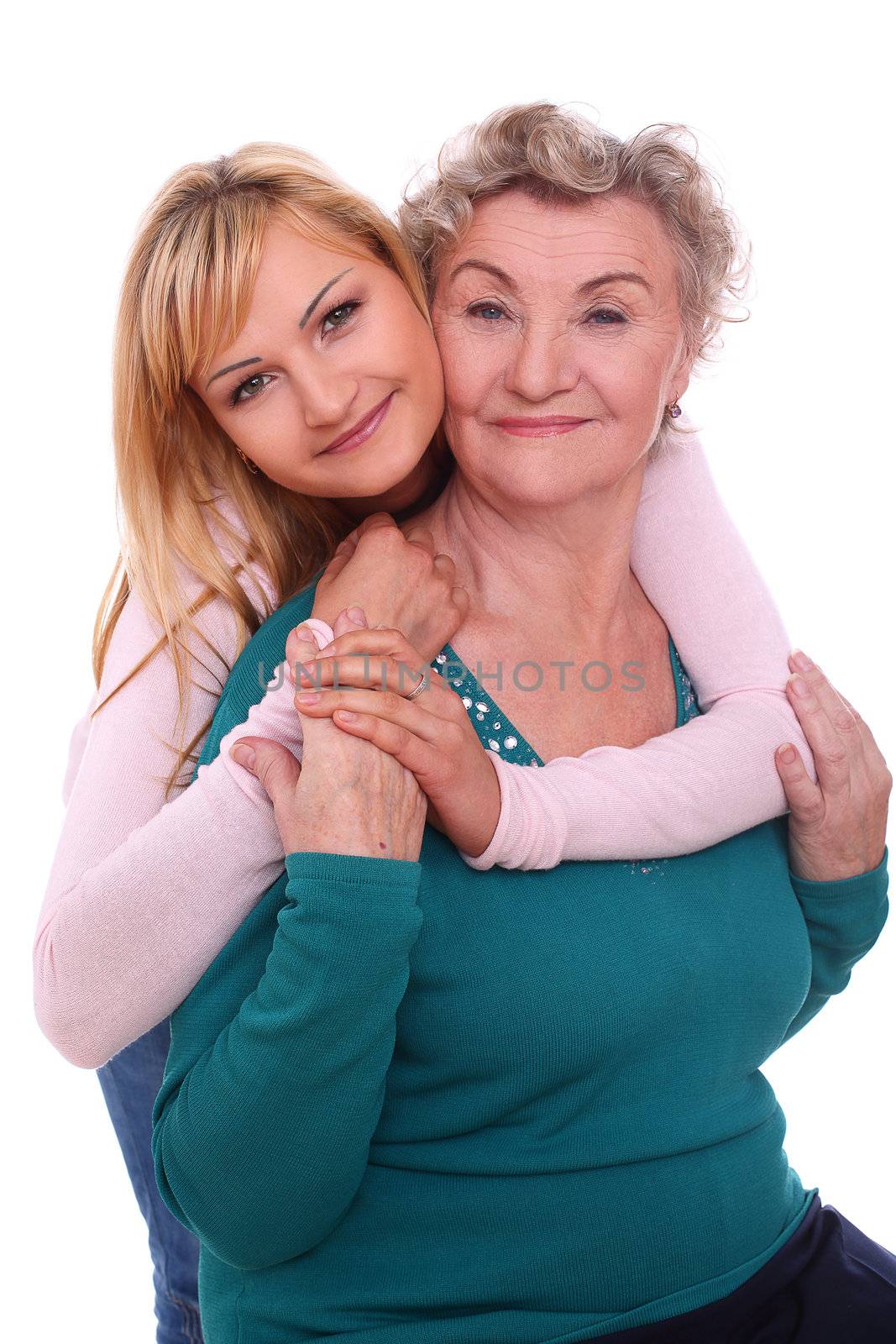 Happy elderly woman with granddaughter isolated on white background