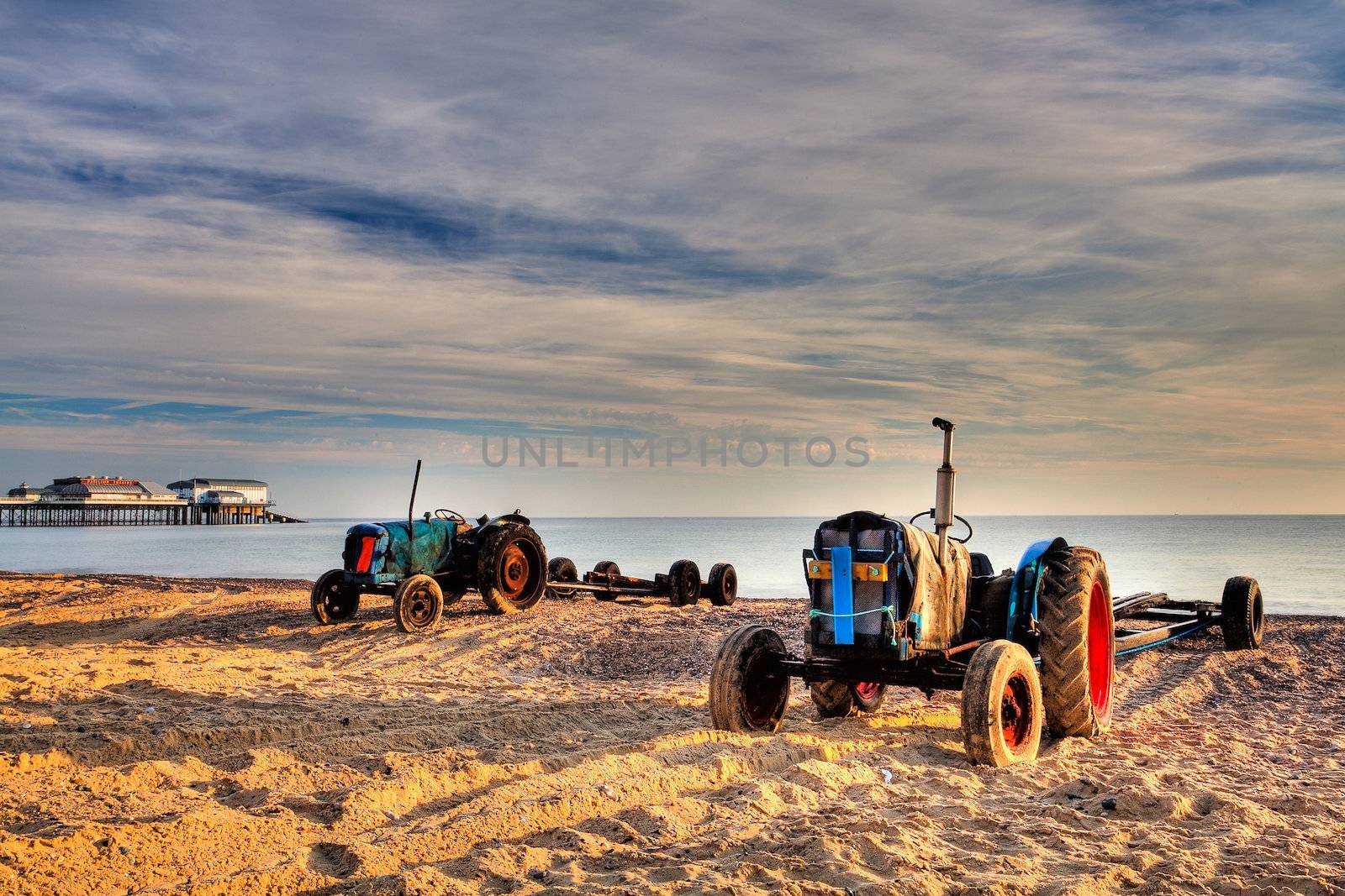 Tractor at Cromer beach in Great Britain