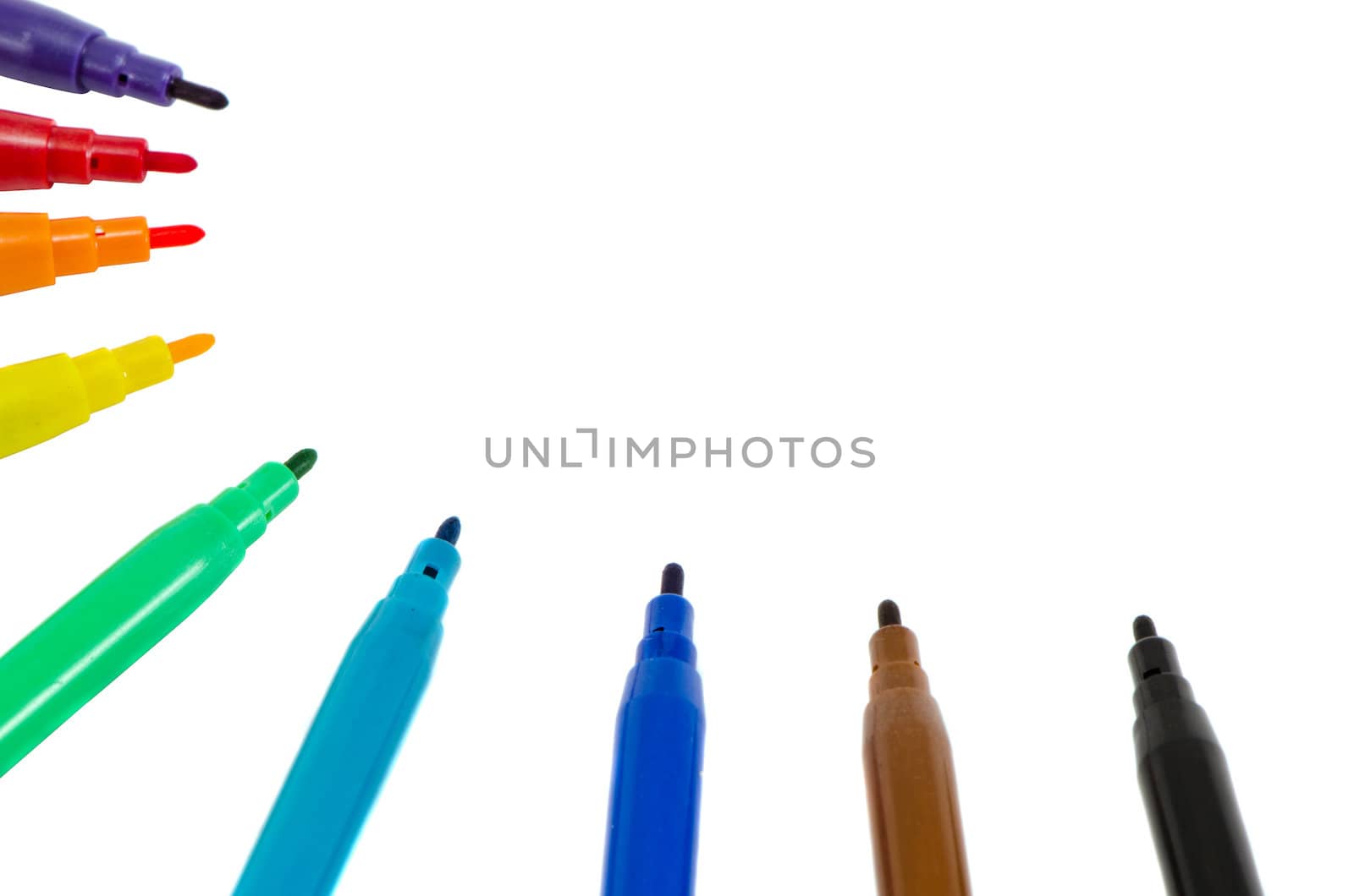 Distinct colors felt tip pens without plugs isolated on white background. Place for text.