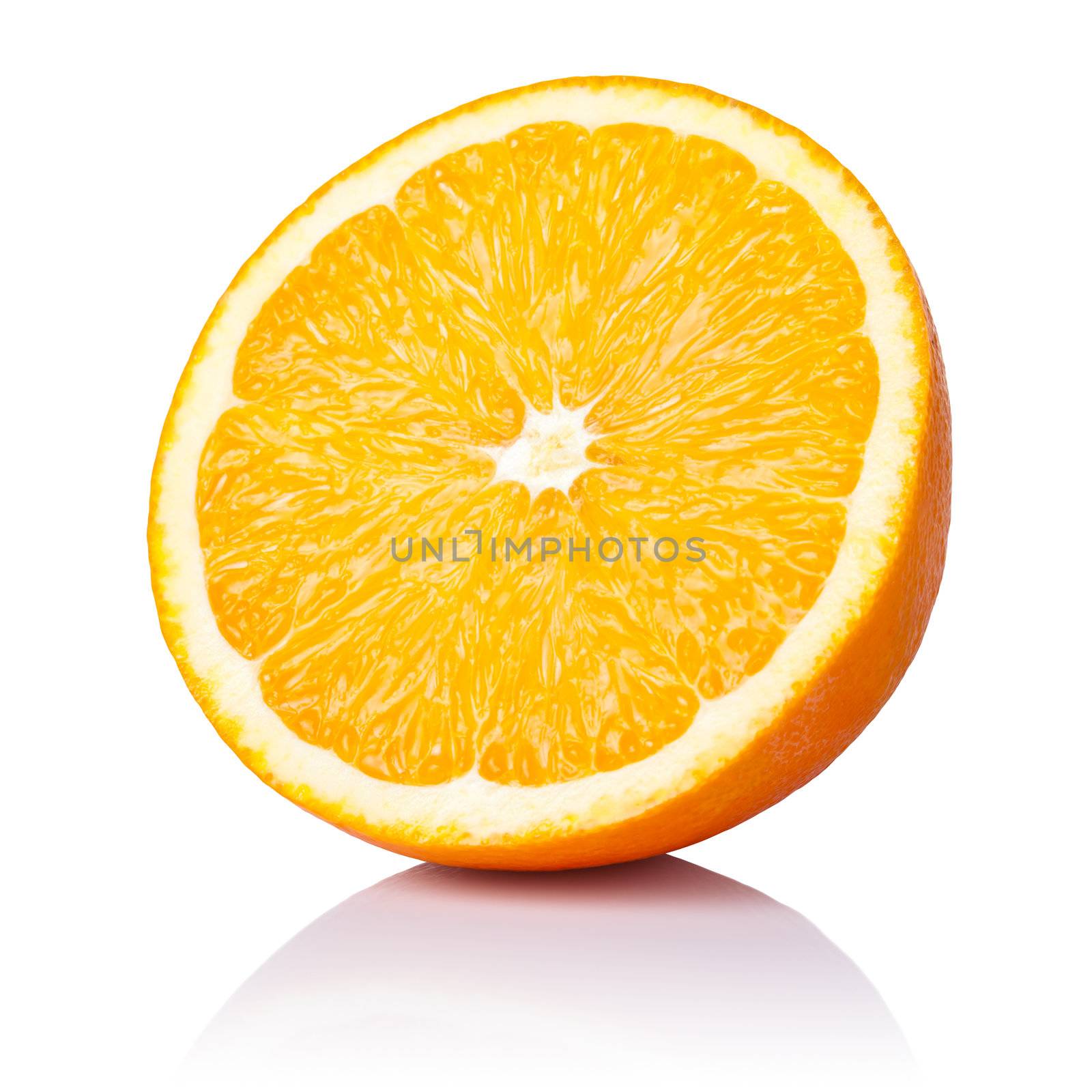 Half orange fruit on white background, fresh and juicy