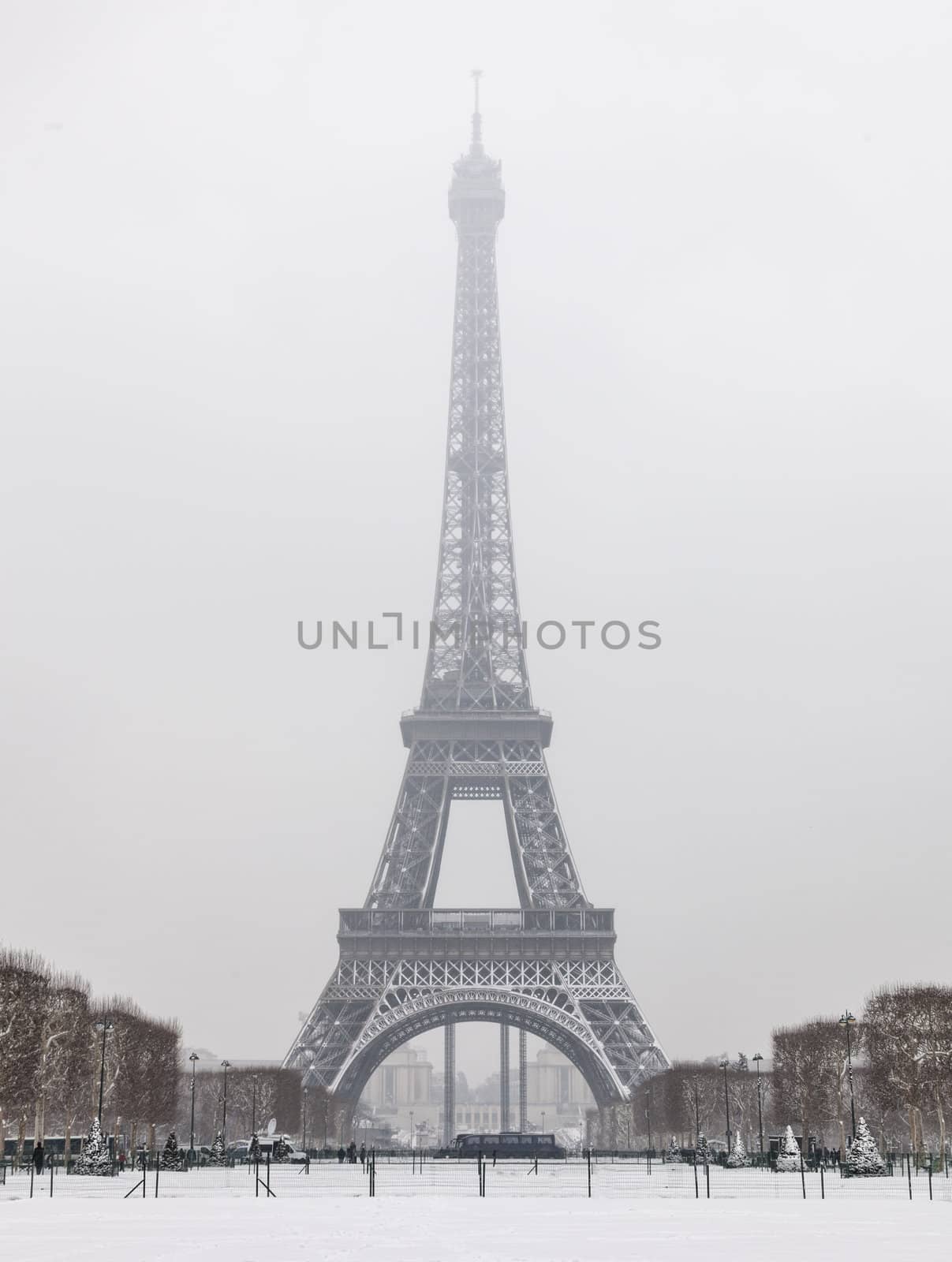  Image of the Eiffel Tower from Champs de Mars after the first night snowfall of the year in Paris.