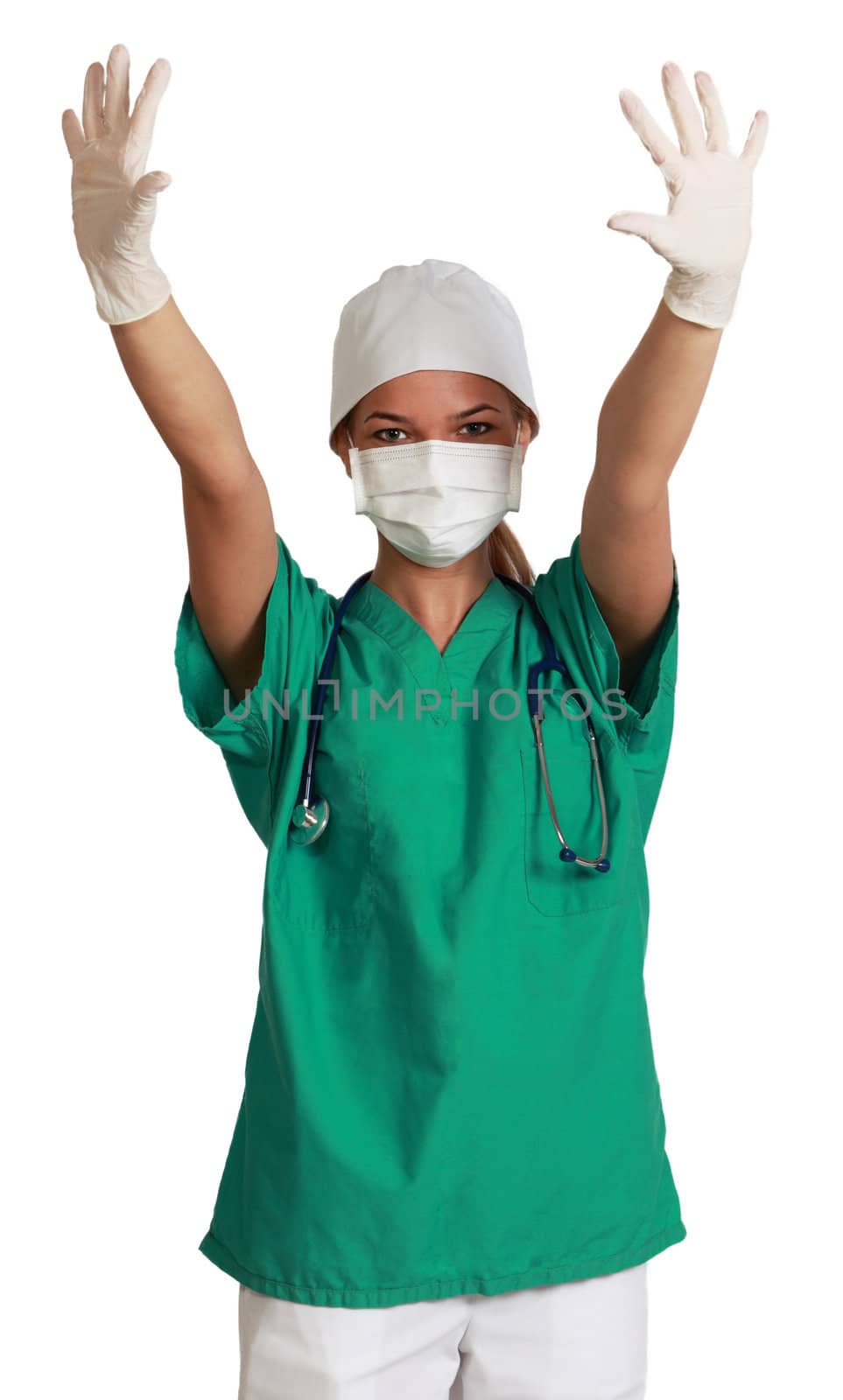 Young female doctor with her hands up isolated against a white background.