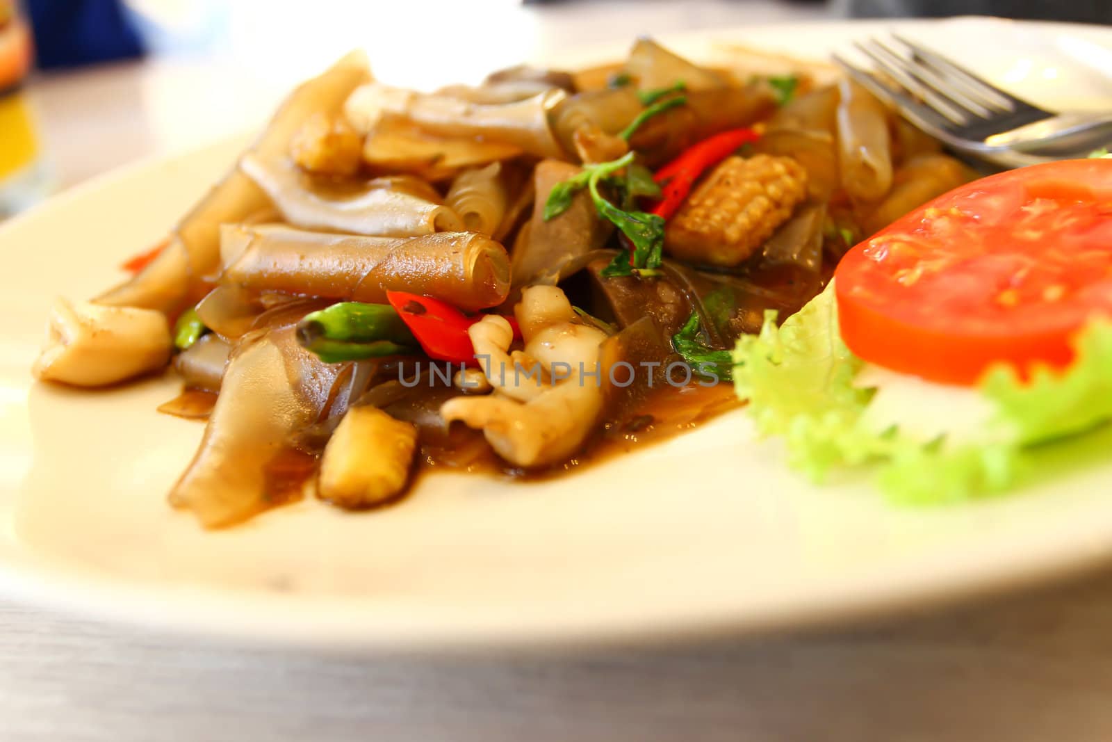 Thai spicy food, stir fried squid whit basil