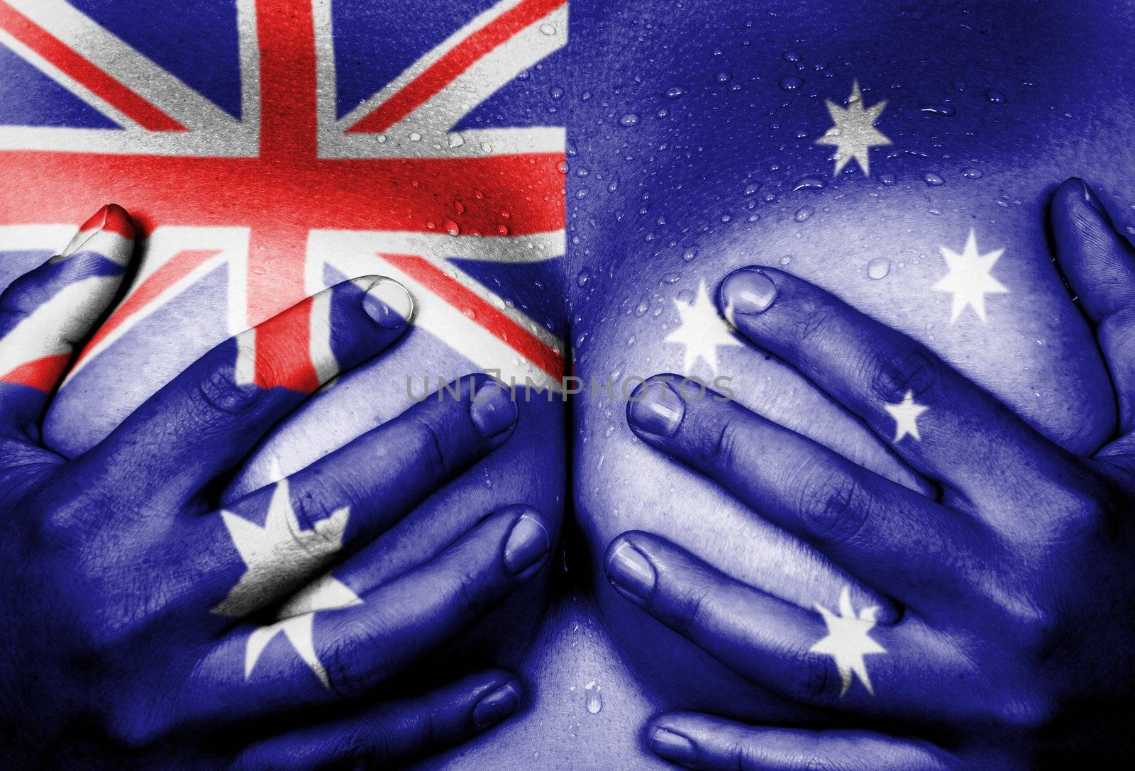 Sweaty upper part of female body, hands covering breasts, flag of Australia