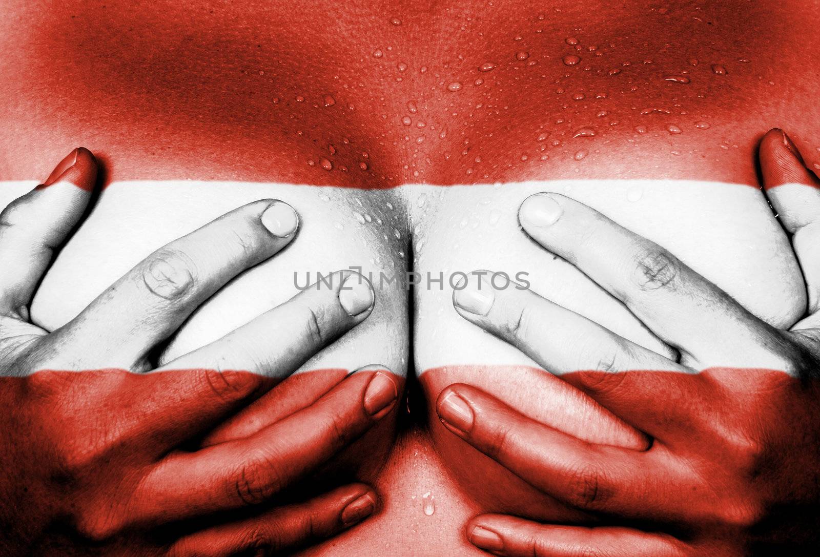 Sweaty upper part of female body, hands covering breasts, flag of Austria
