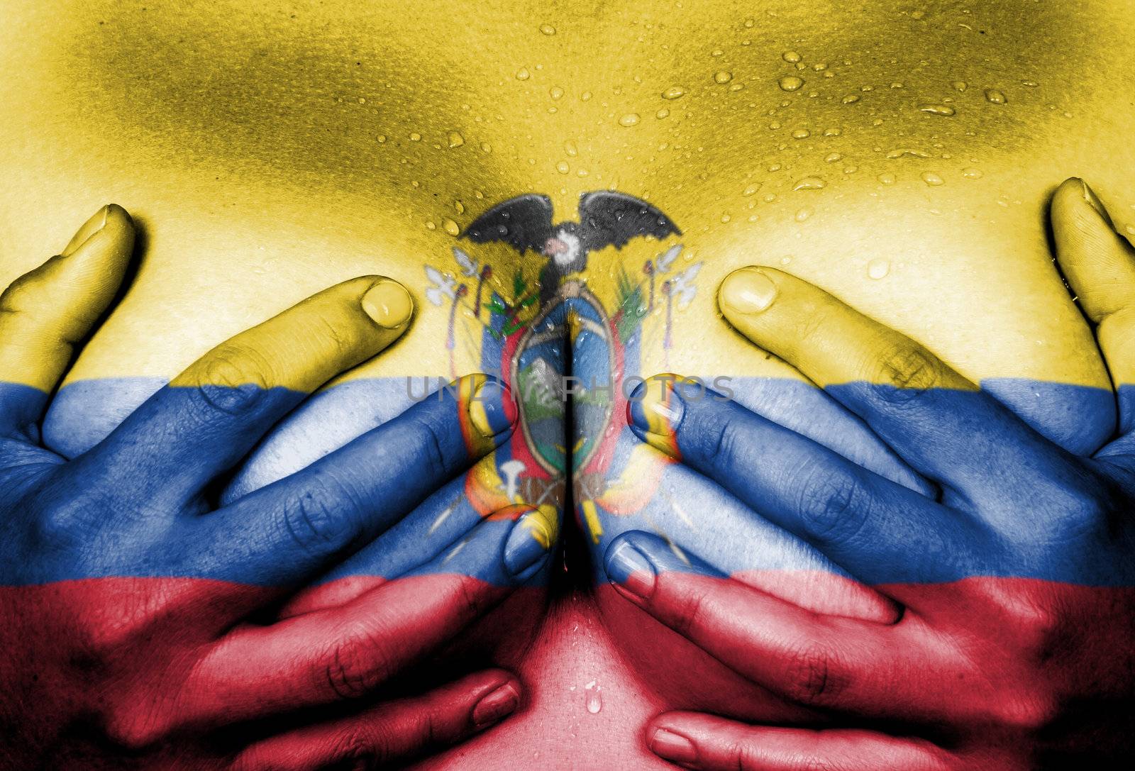 Sweaty upper part of female body, hands covering breasts, flag of Ecuador
