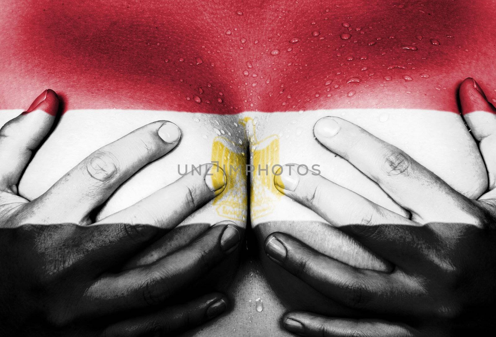Sweaty upper part of female body, hands covering breasts, flag of Egypt