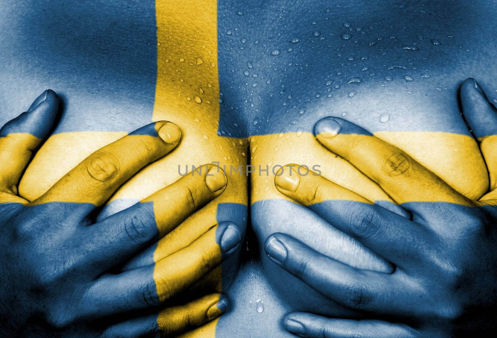 Sweaty upper part of female body, hands covering breasts, flag of Sweden