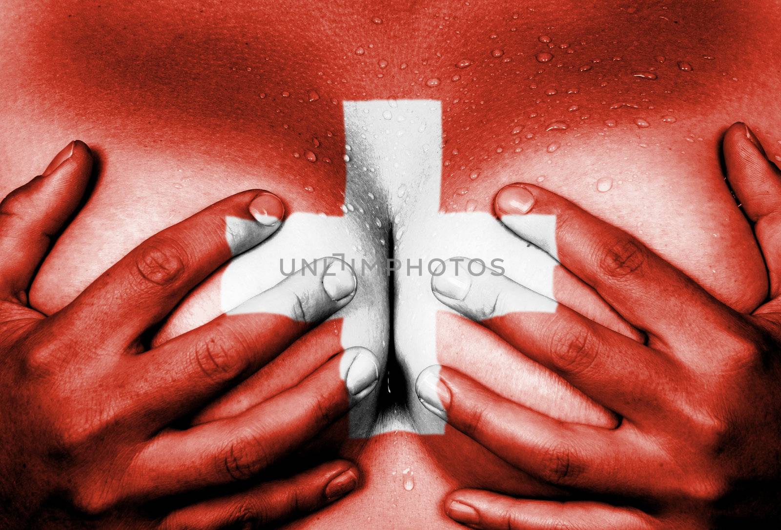 Sweaty upper part of female body, hands covering breasts, flag of Switzerland