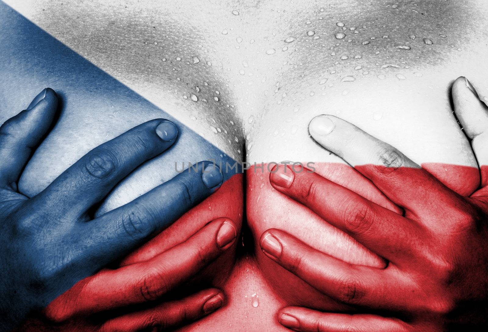 Sweaty upper part of female body, hands covering breasts, flag of The Czech Republic