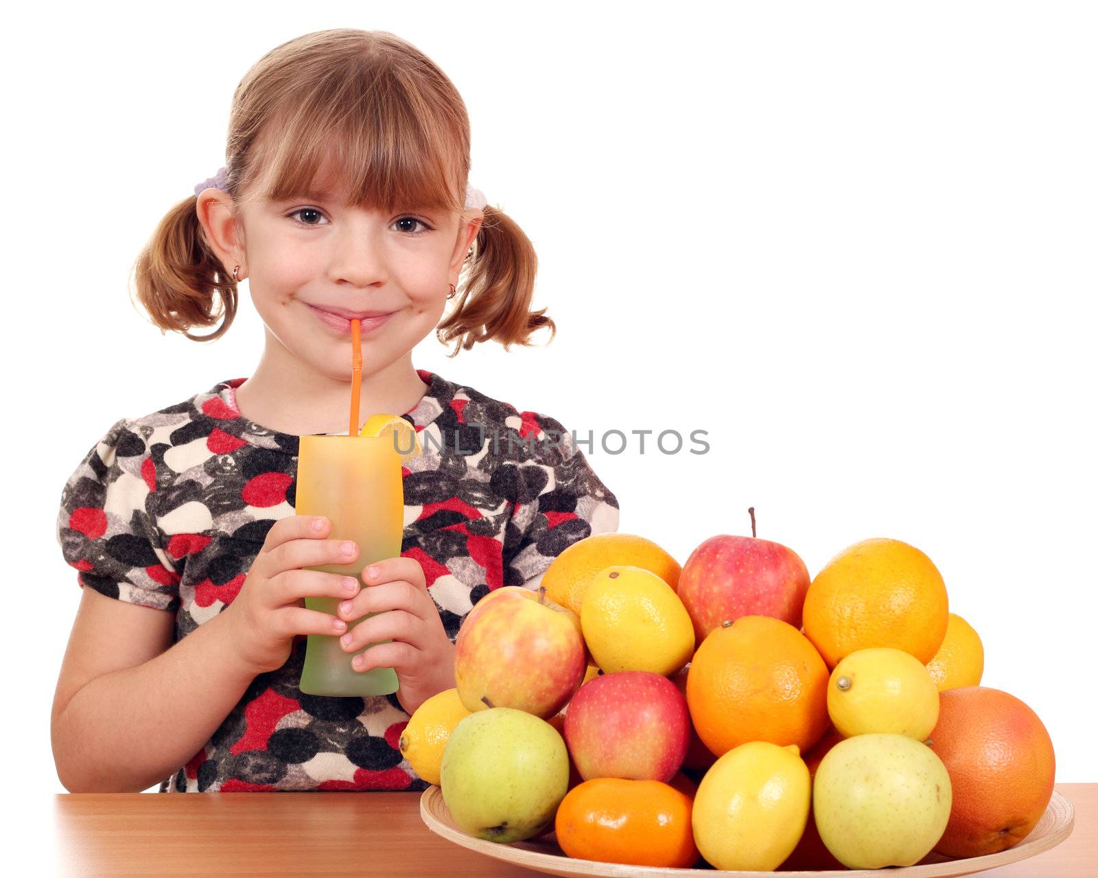 happy little girl drink lemonade